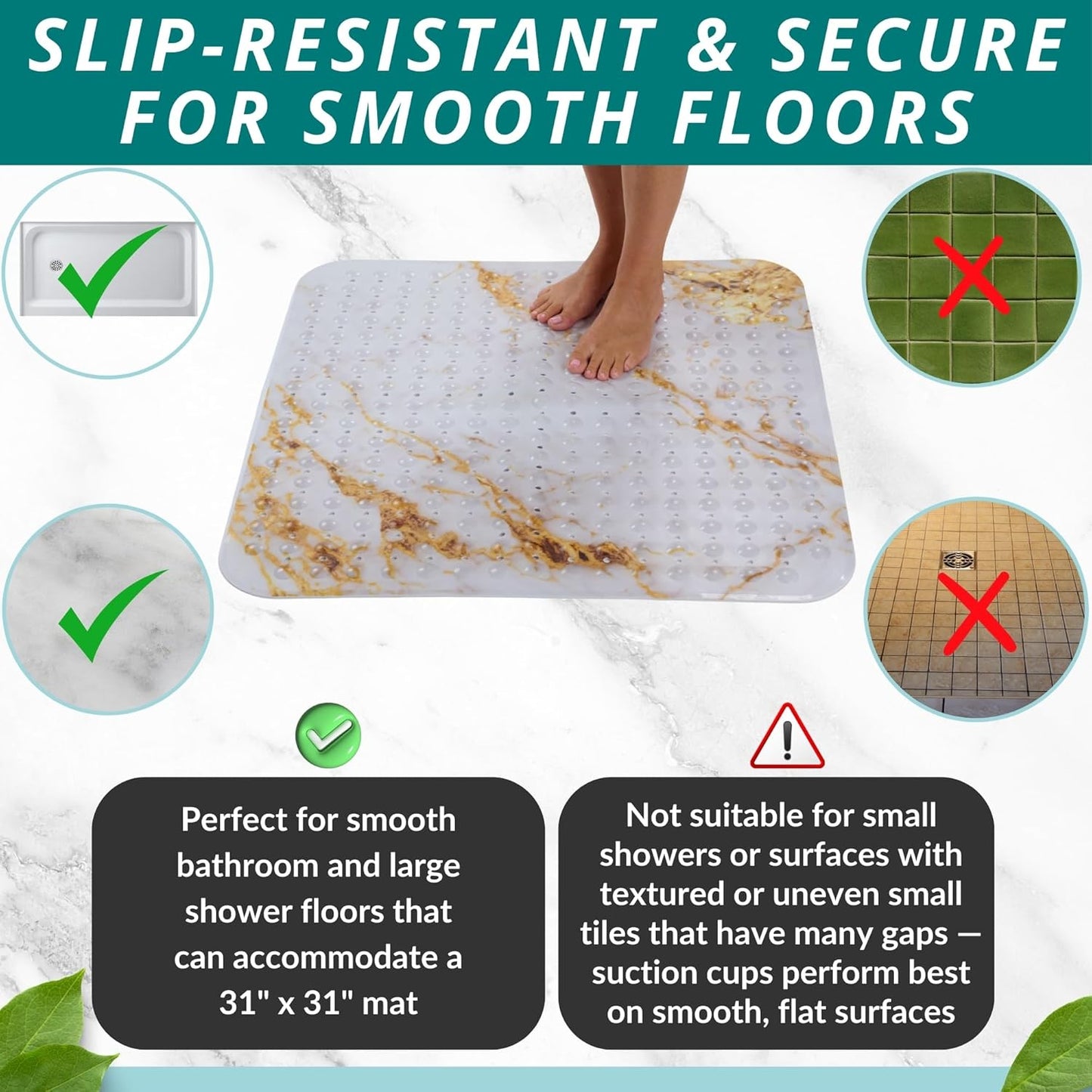 ENKOSI Extra Large Square Non Slip Shower Mat - 31 x 31-inch XL Bathroom Shower Mat - Square Shower