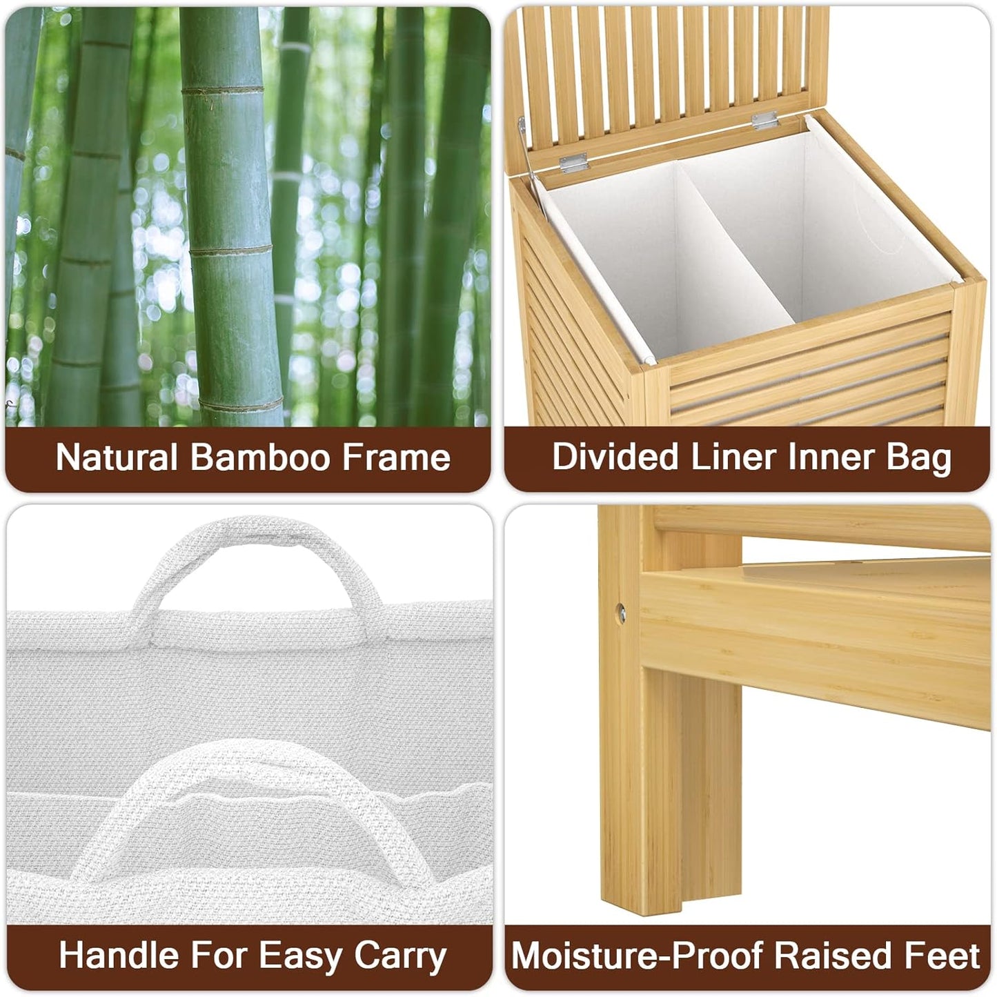 Homykic Bamboo Laundry Hamper with Lid, 120L Large Clothes Laundry Sorter with Removable 2-Section