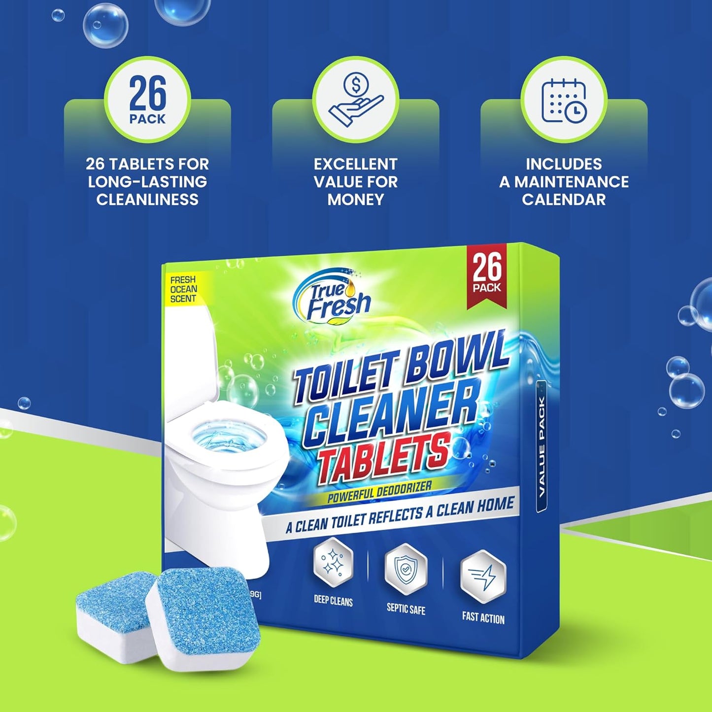 True Fresh Toilet Bowl Cleaner Tablets 26 Pack – Deodorizer & Septic Safe – Deep Cleaning, Odor