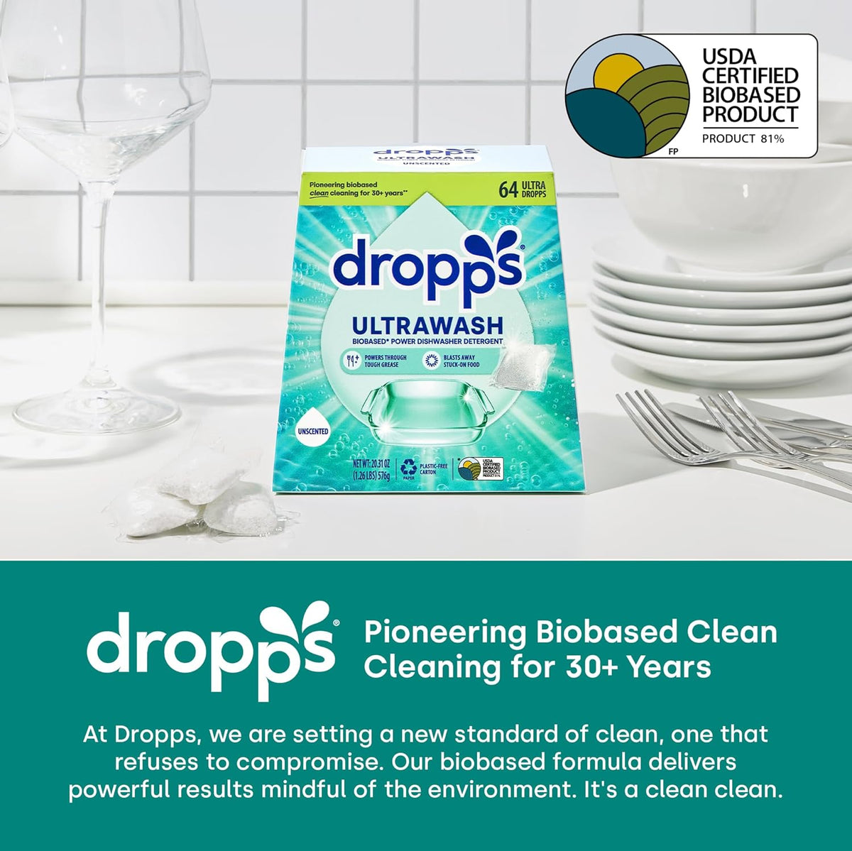 Dropps UltraWash Dishwasher Pods, Lemon Citrus (64 Count) - Biobased Power Deep Clean Dishwasher