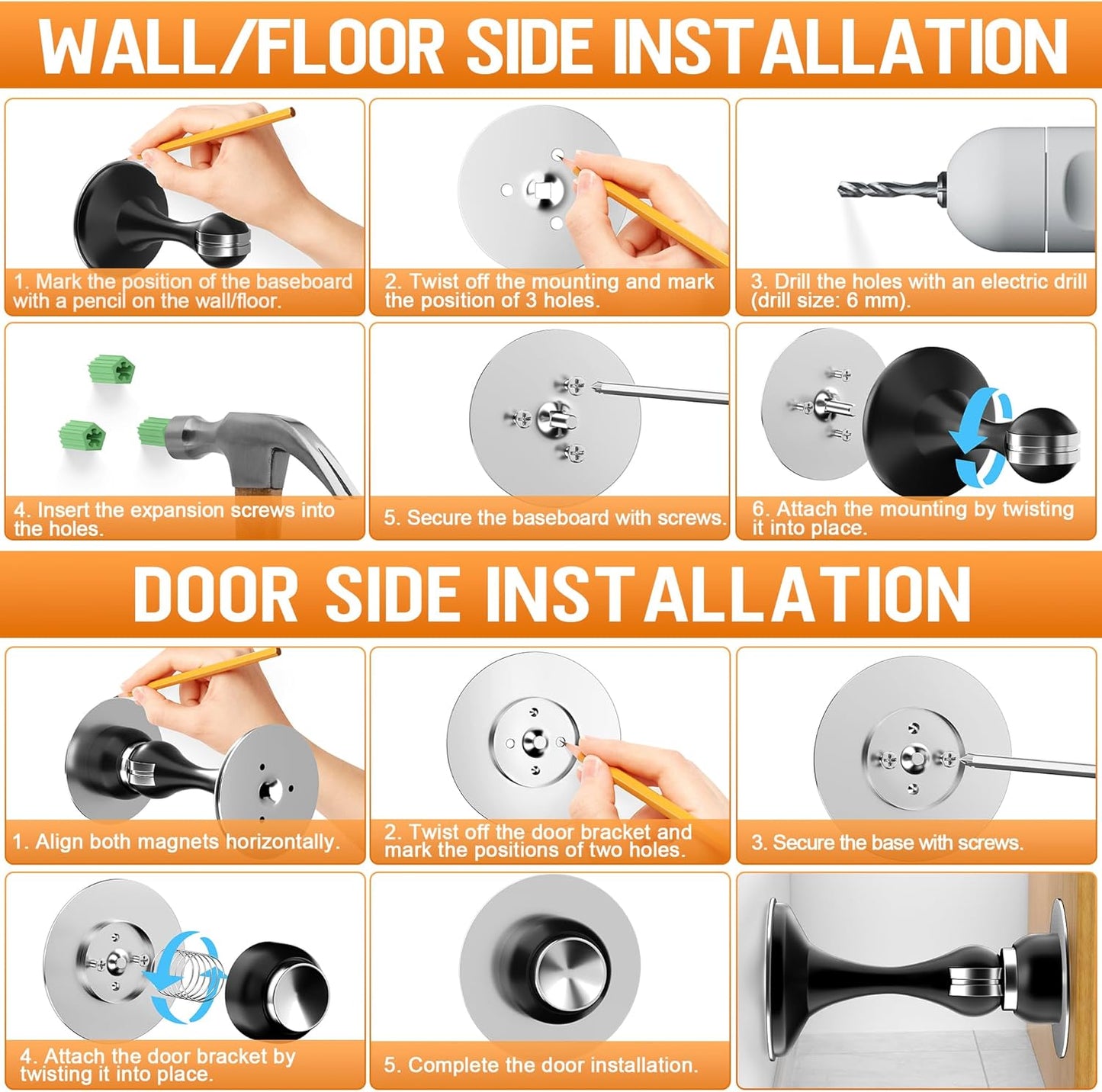 Crosize Magnetic Door Stoppers 2 Pack, Stainless Steel Door Catch for Wall and Floor Mounting, Door