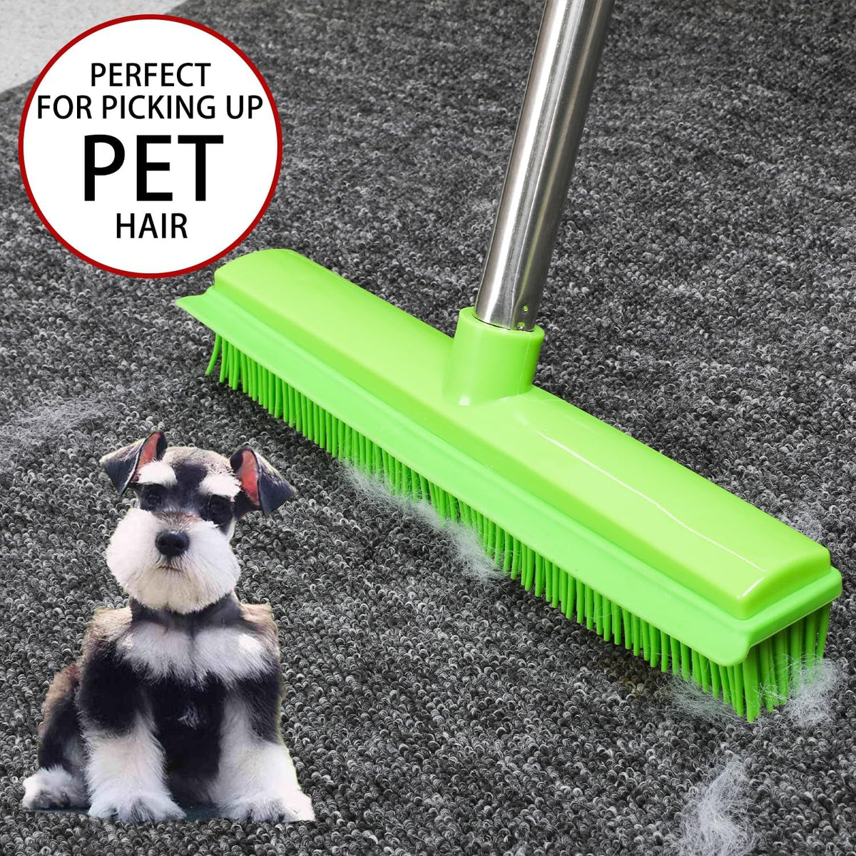 Rubber Broom and Dustpan Set,Pet Hair Removal Rubber Broom with Squeegee and Stainless Steel Dust