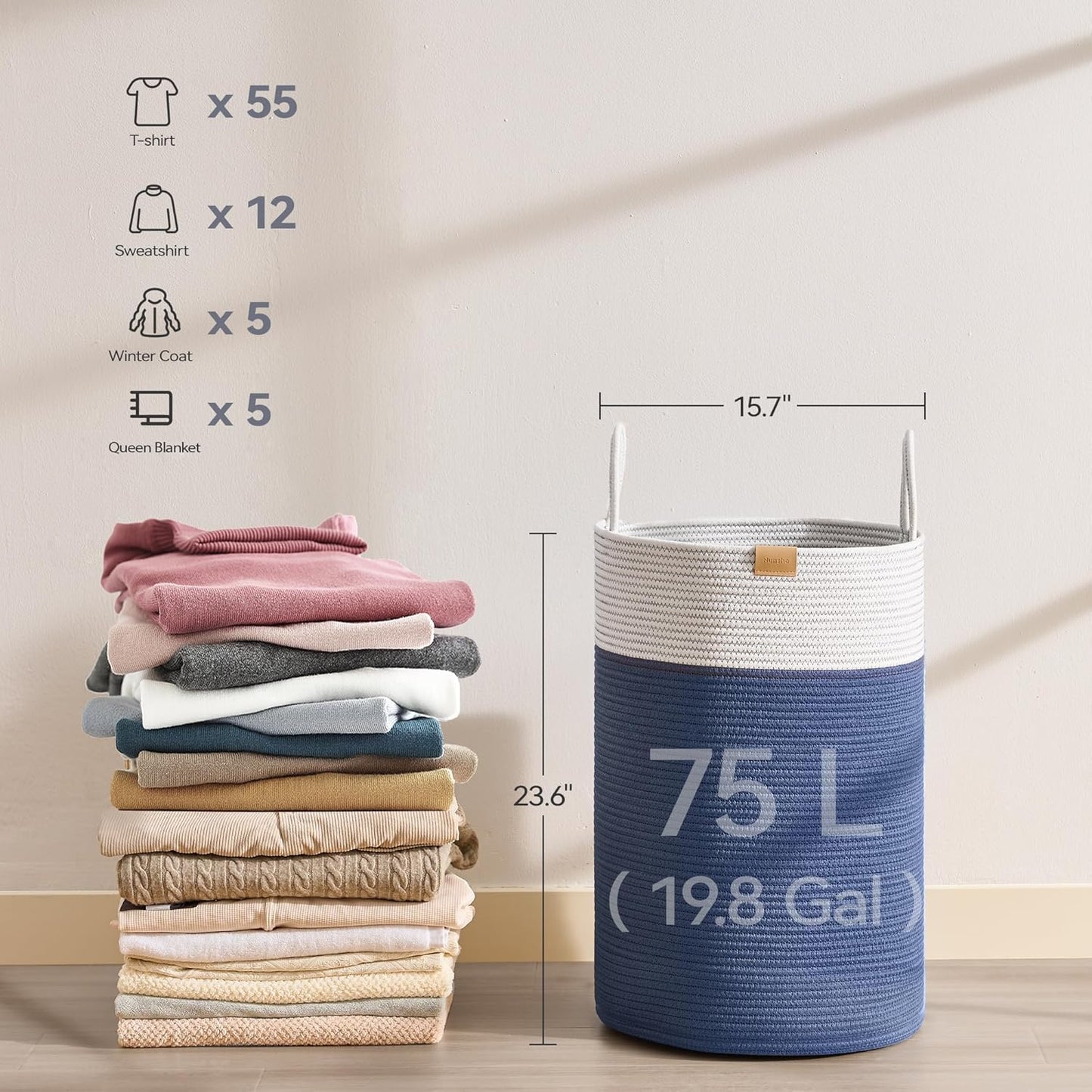 Laundry Hamper 75L,Large Laundry Basket for Clothes,Decorative Storage Basket for Blankets,Cotton