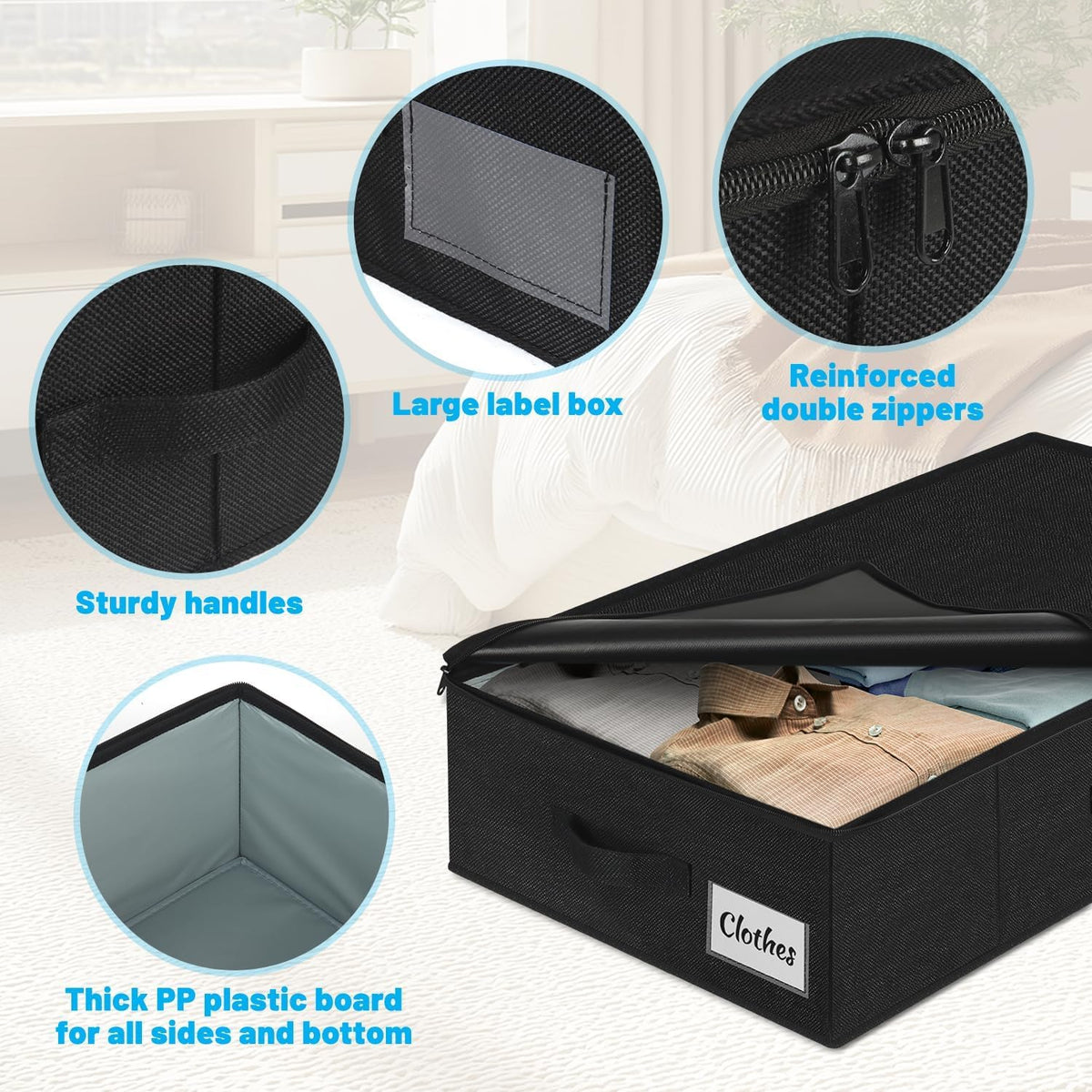 Under Bed Storage Container Bins 2 Pack, Low Profile Foldable Underbed Clothes Storage Organizer W/