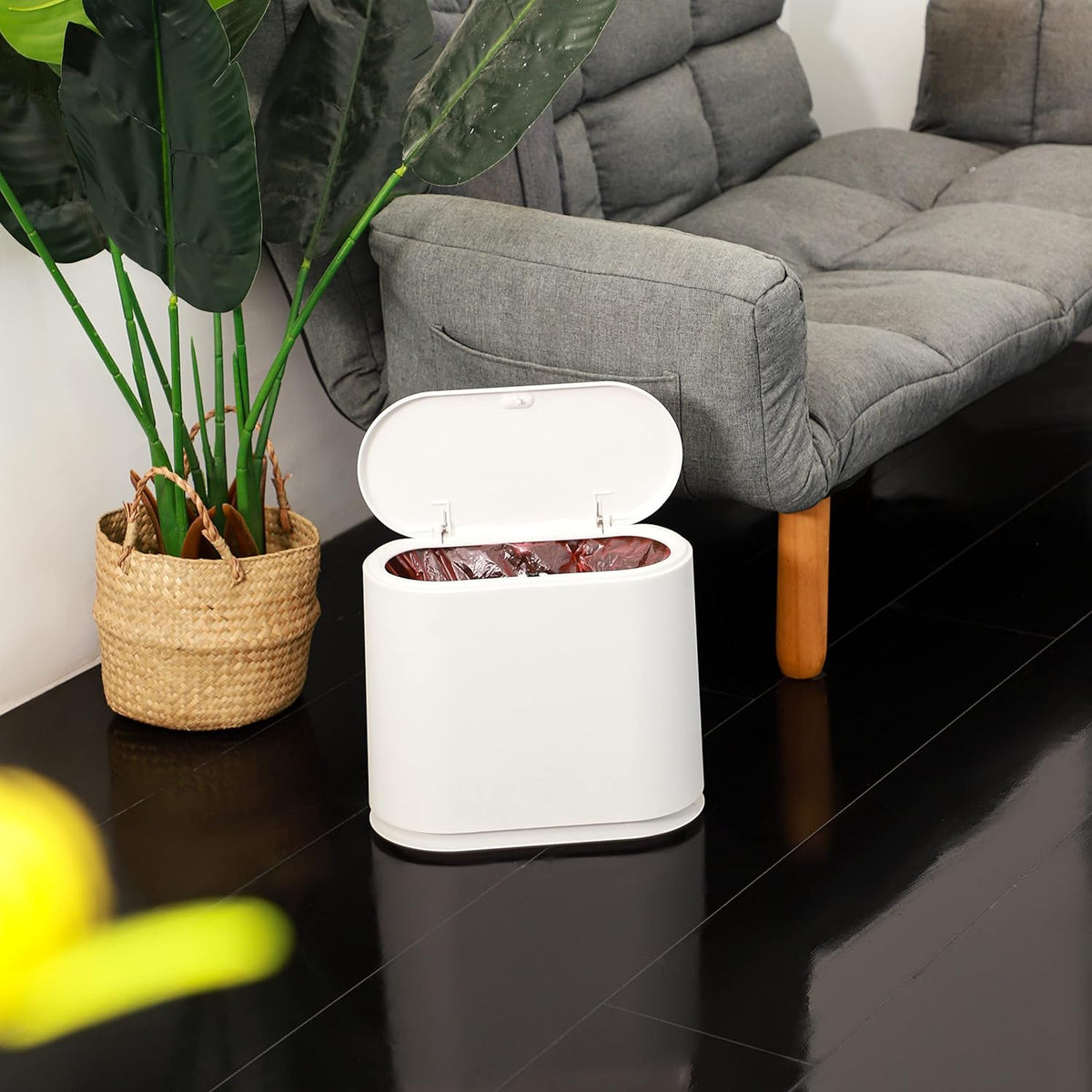 White Slim Bathroom Trash Can with Press Top Lid,12 Liter Small Thin Garbage Can,3.17 Gallon Narrow