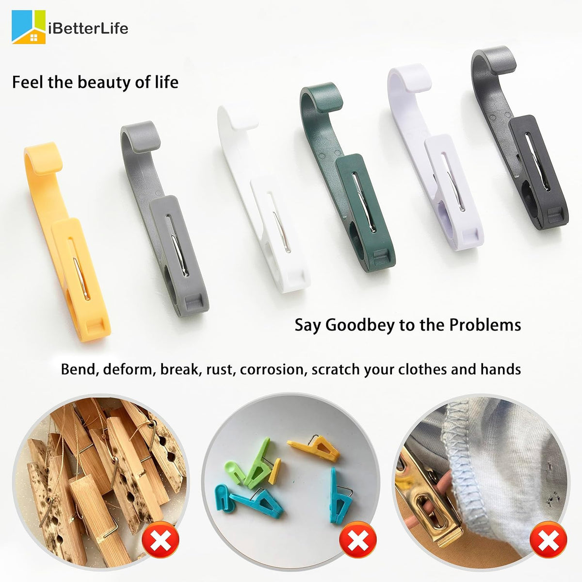 iBetterLife 4Pcs Laundry Hooks Hanging Clips Heavy Duty Outdoor Clothes Pins, Closet Organizer