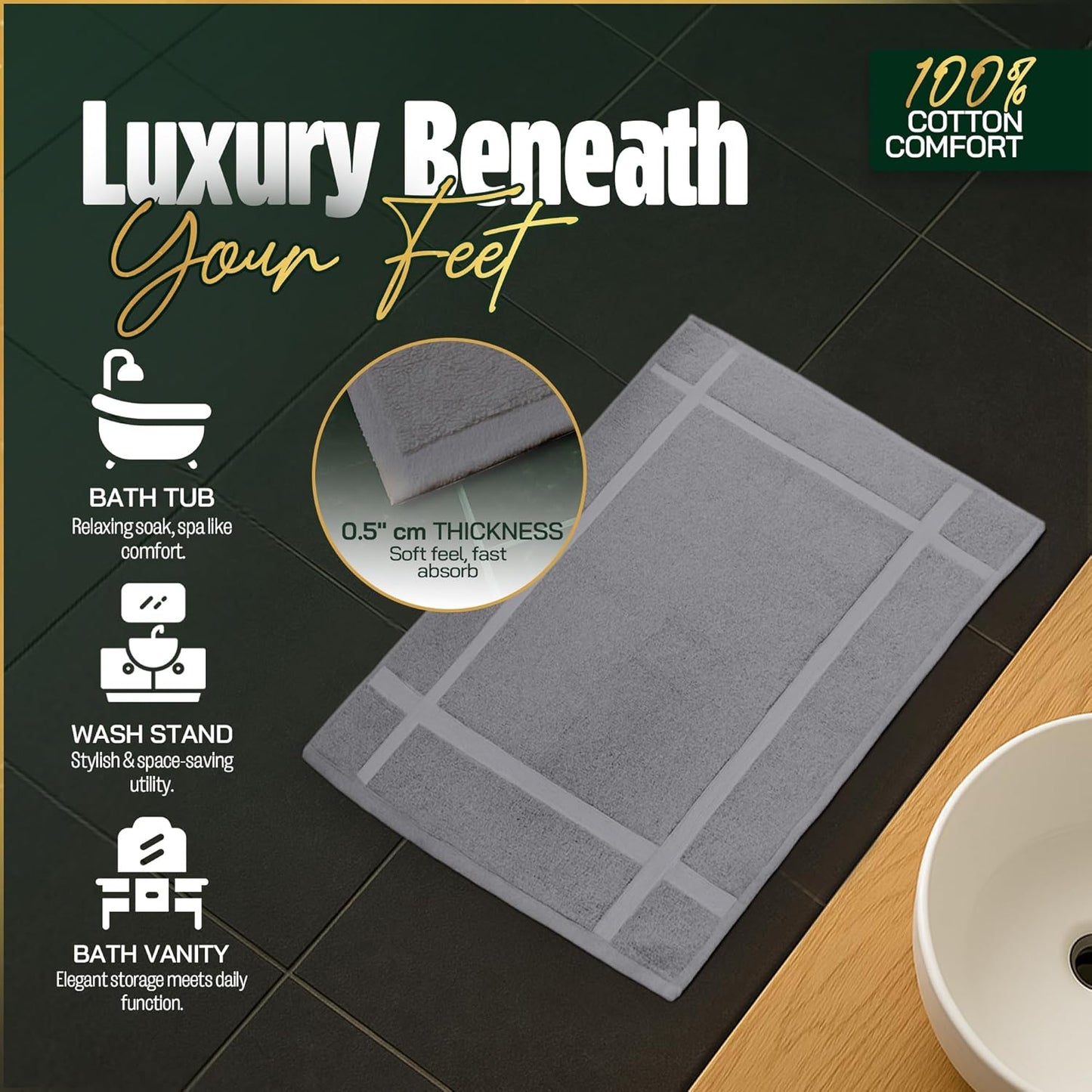 Pearl Linens Pack of 6 Washable Cotton Bath Mat 18x25 - Soft & Absorbent Quick Dry Bathroom Mat