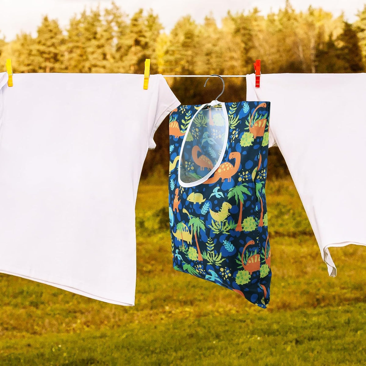 2 Pcs Dinosaurs Clothespin Holder - 15 X 11 Inch Clothes Pin Hanging Bag for Clothesline, Outdoor