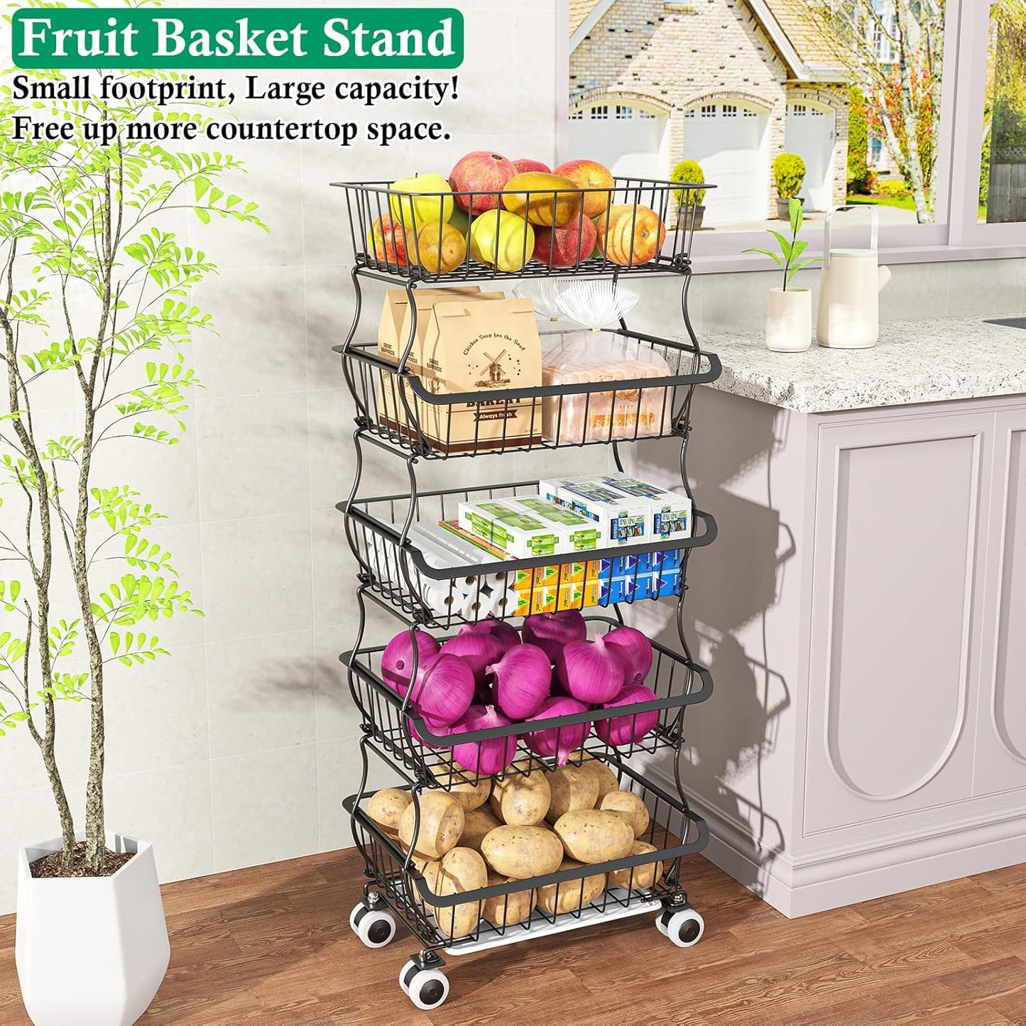 5 Tier Fruit Basket for Kitchen, Stackable Bins Wire Rack with Wheels, Fruit and Vegetable Storage