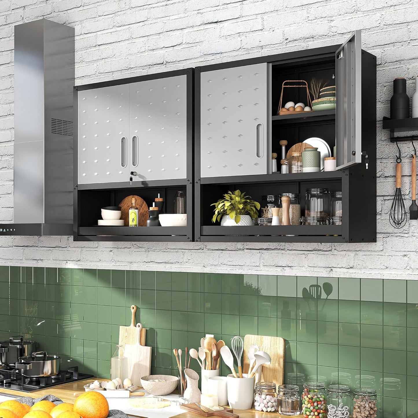 Metal Wall Cabinets with Doors and Shelves Black and Gray Garage Cabinets Wall Mounted Adjustable