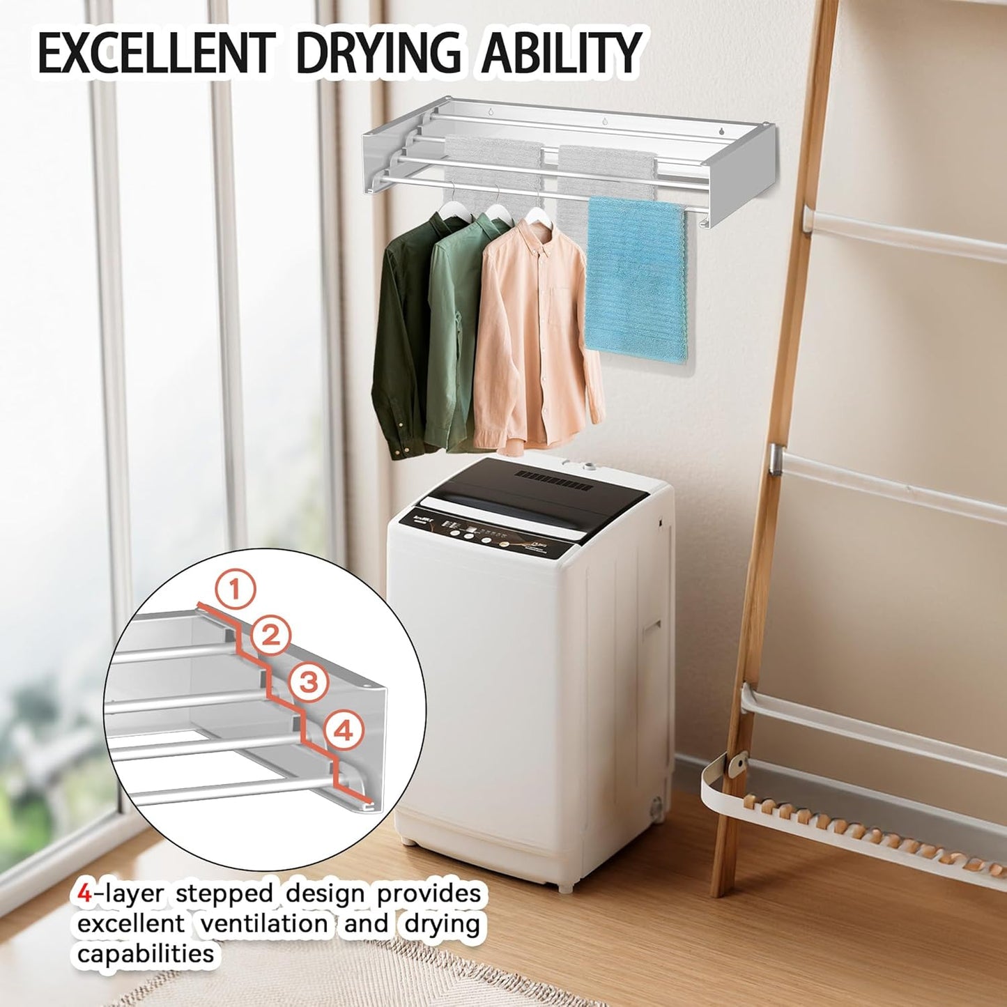 FOCHIER F Laundry Drying Rack Wall Mounted Clothes Drying Rack Collapsible with 4 Aluminum Rods and
