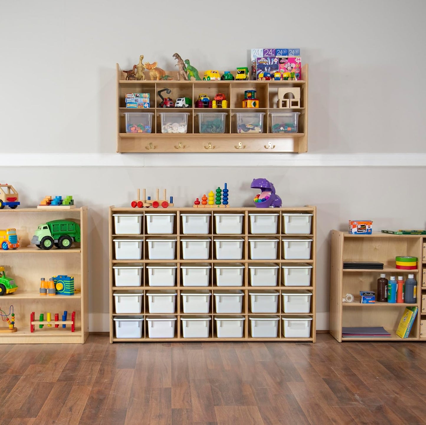 Wood Designs Cubby Storage Bin, Heavy Duty Plastic Containers for Kids White Cubby Tray Set of 12