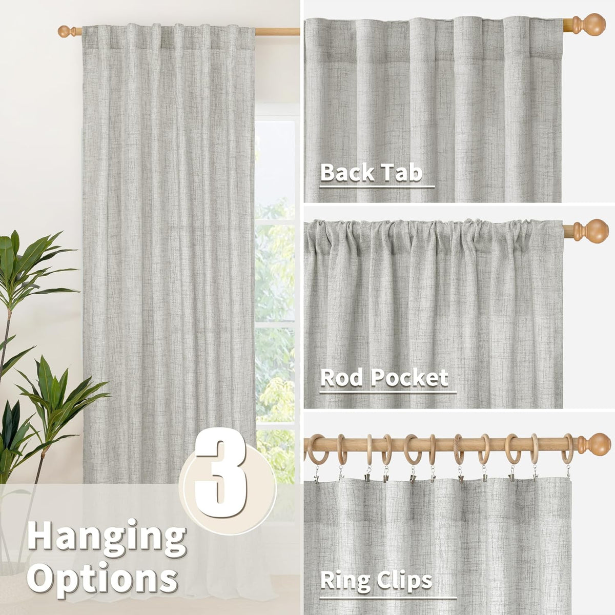 YoungsTex Light Grey Linen Curtains 63 Inches Length 2 Panels for Living Room - Textured Semi Sheer