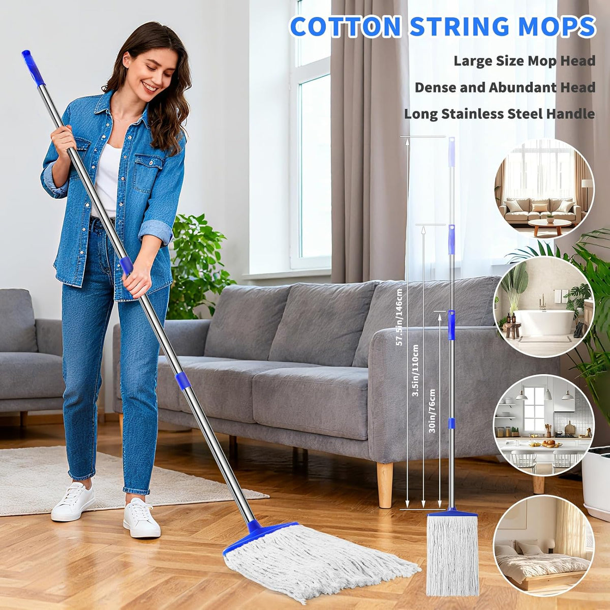Indoor Cotton Mops for Floor Cleaning - Indoor Cleaning Mop for Wood Floors, Tile, Hardwood Floor
