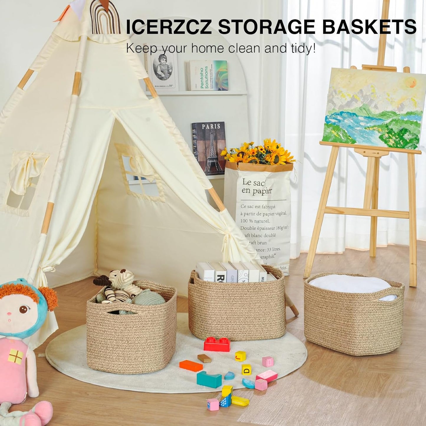 Decorative Storage Baskets for Organizing Shelves, Toy Basket for Nursery, Woven Cotton Rope