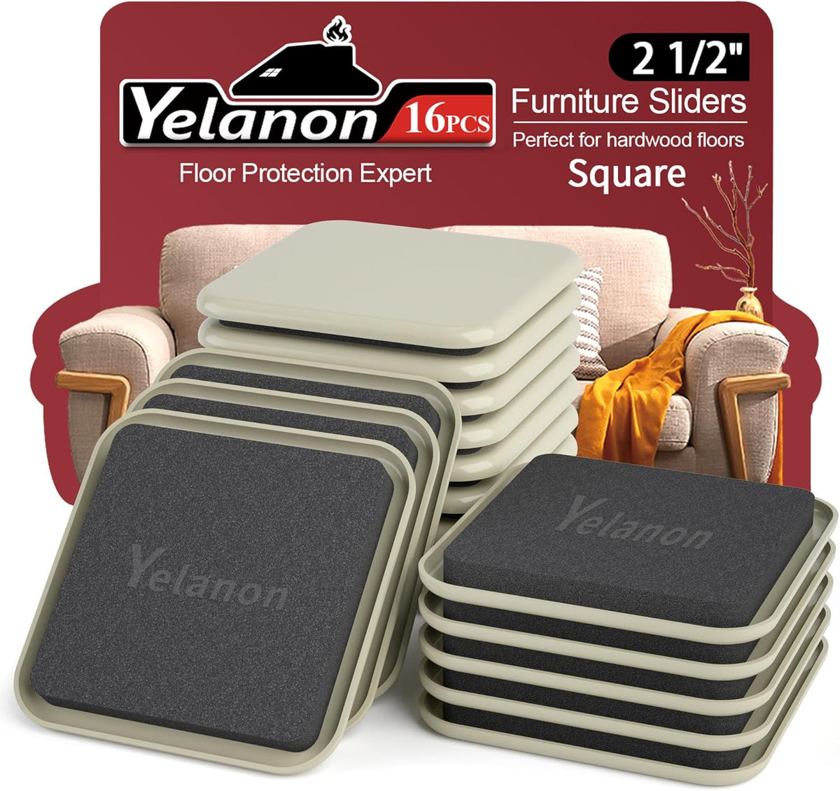 Yelanon Square Furniture Sliders – 16 PCS 2.5" Floor Protectors for Furniture – Strong Furniture