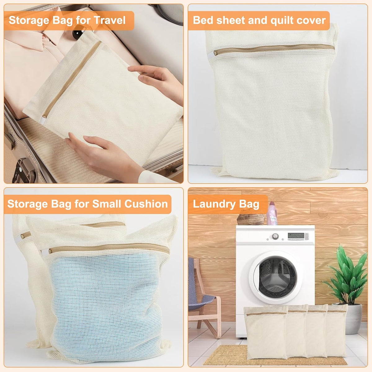 4-Piece Medium Durable Organic Cotton Mesh Laundry Bags with Sturdy Zippers and Breathable Mesh are