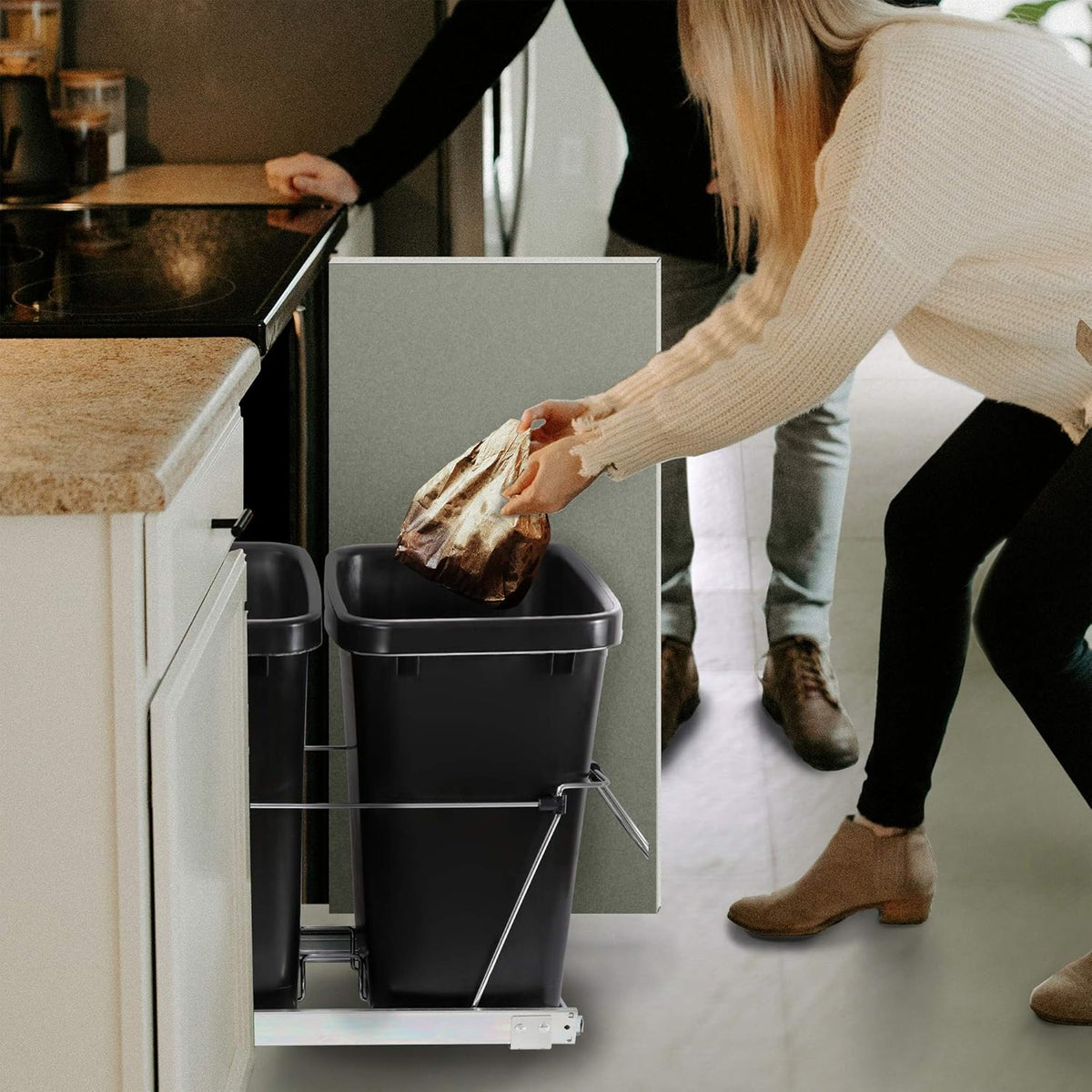 SUPER DEAL Double 35-Quart Pull Out Trash Can Under Cabinets Under Sink Garbage Sliding Waste Bin