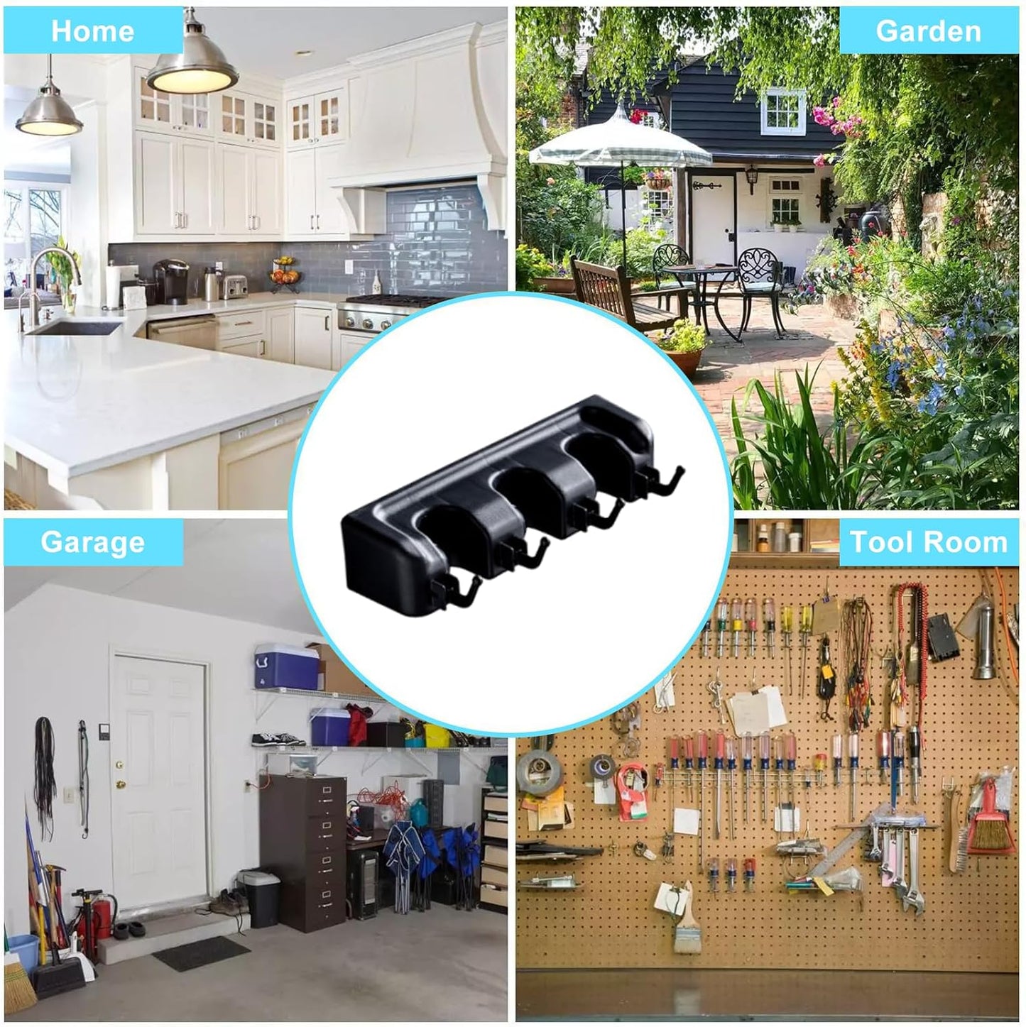 Broom and Mop Holder Wall Mount, Hooks Hanger for Mops and Broom, Organizer Kit with 3 Slots and 4