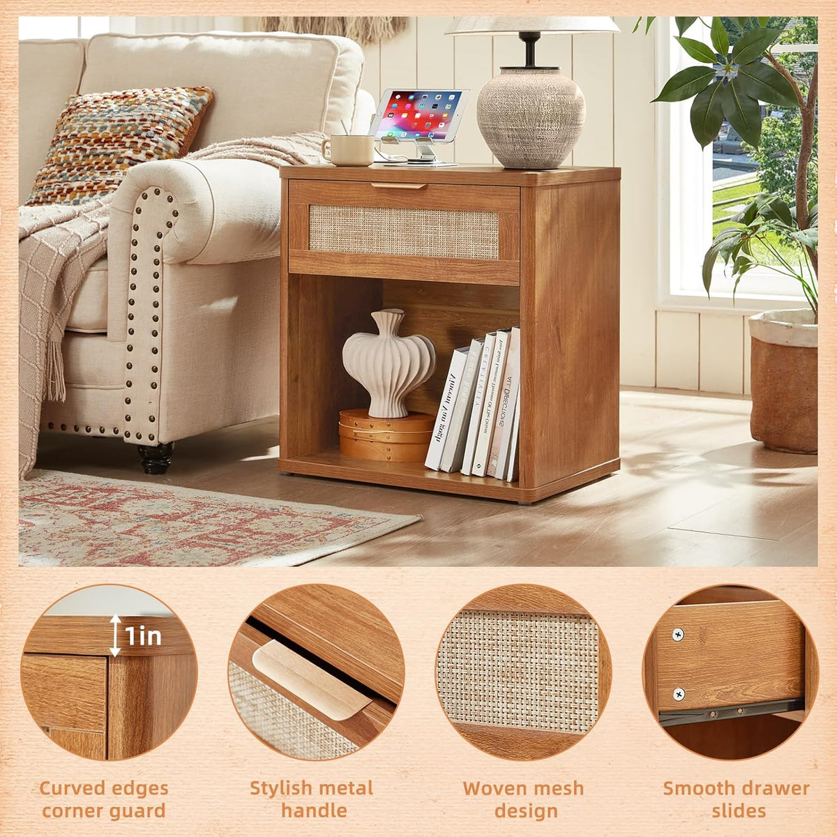 LEYAOYAO Rattan Nightstands Set of 2 with Charging Station, Natural Wood Night Stand with Drawer