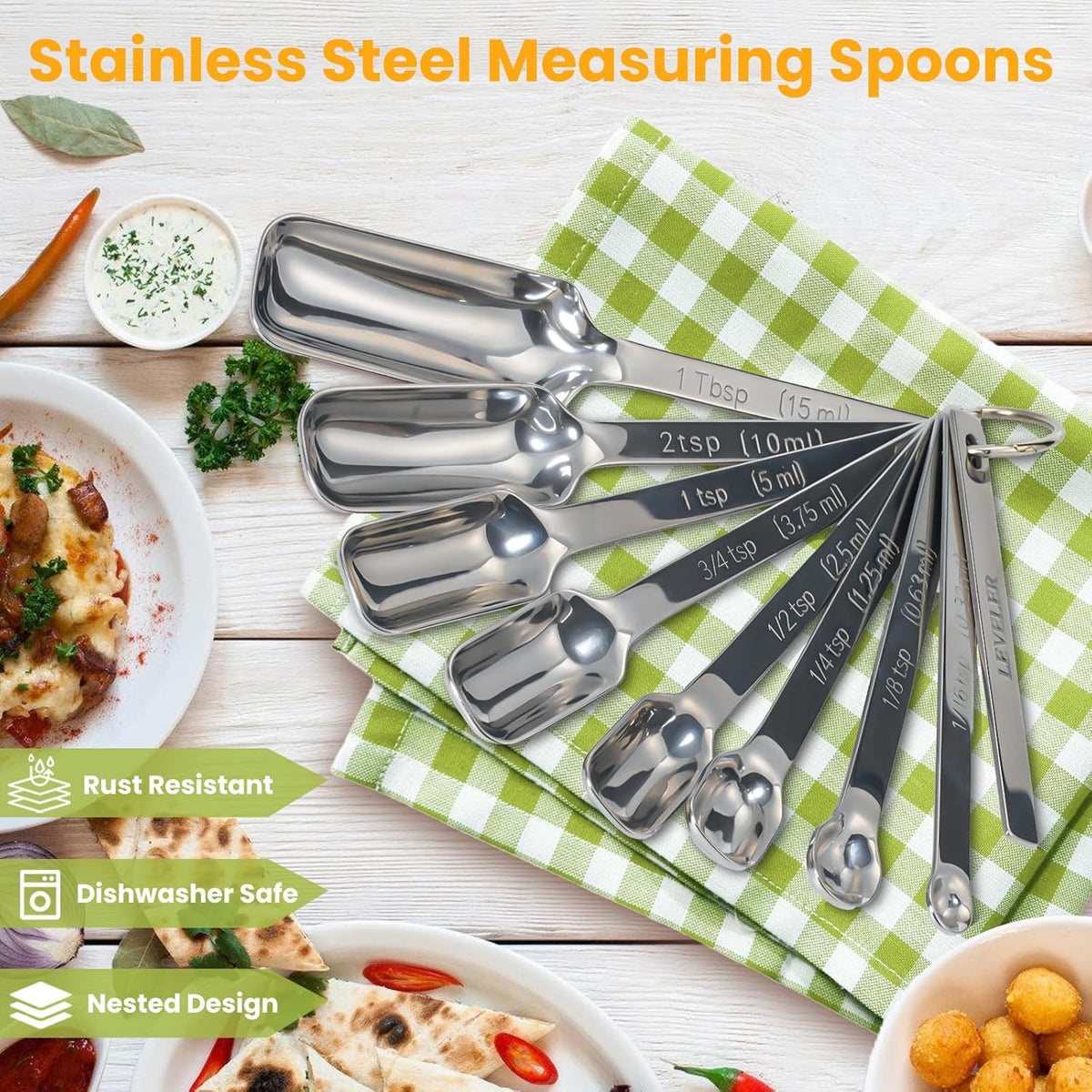 Stainless Steel Measuring Spoons Set of 14 with Leveler, Rectangular Teaspoon & Tablespoon