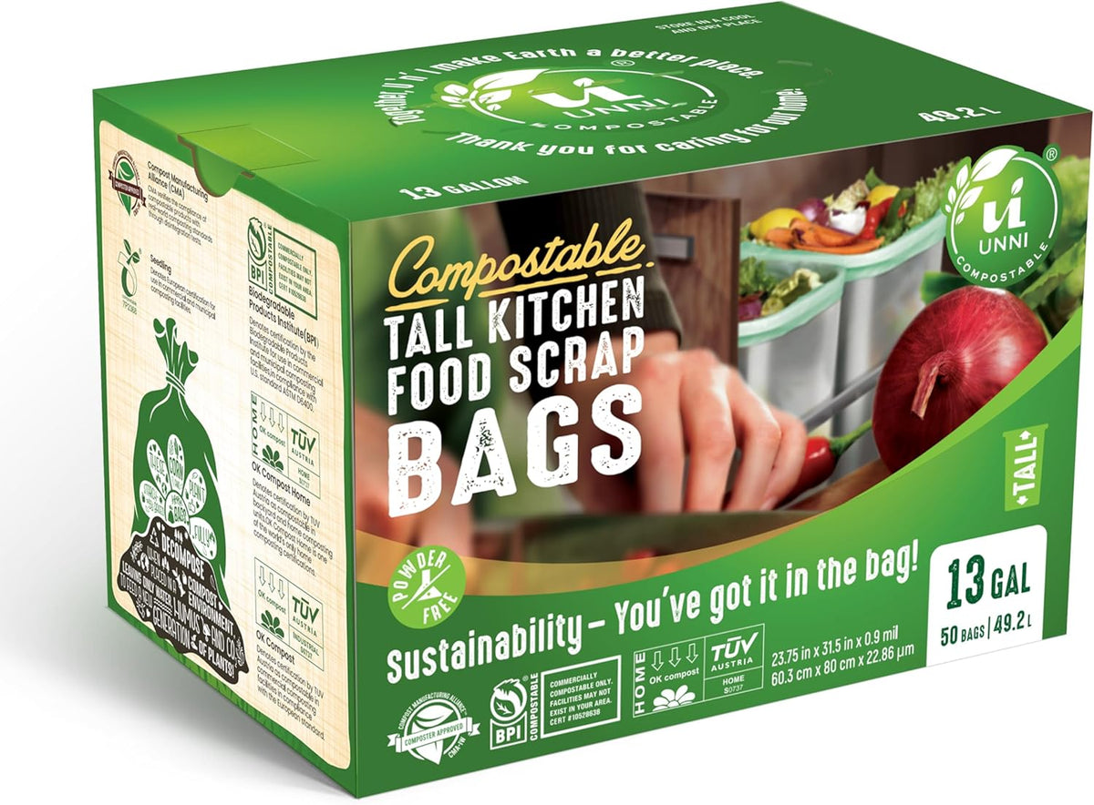 UNNI Compostable Trash Bags, 13 Gallon / 49.2 Liter, 200 Count Value Pack, Extra Thick 0.9 Mil Tall