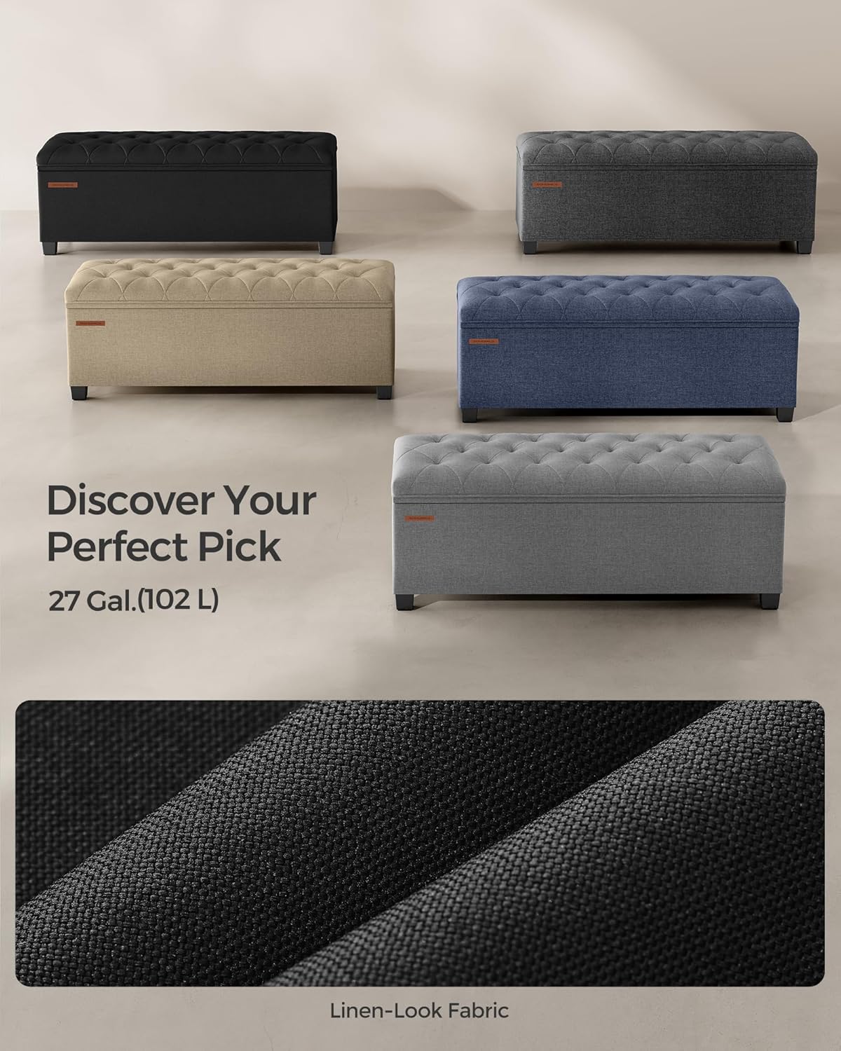 SONGMICS Storage Ottoman Bench, Foot Rest with Legs, 15.7 x 43.3 x 15.7 Inches, End of Bed Bench