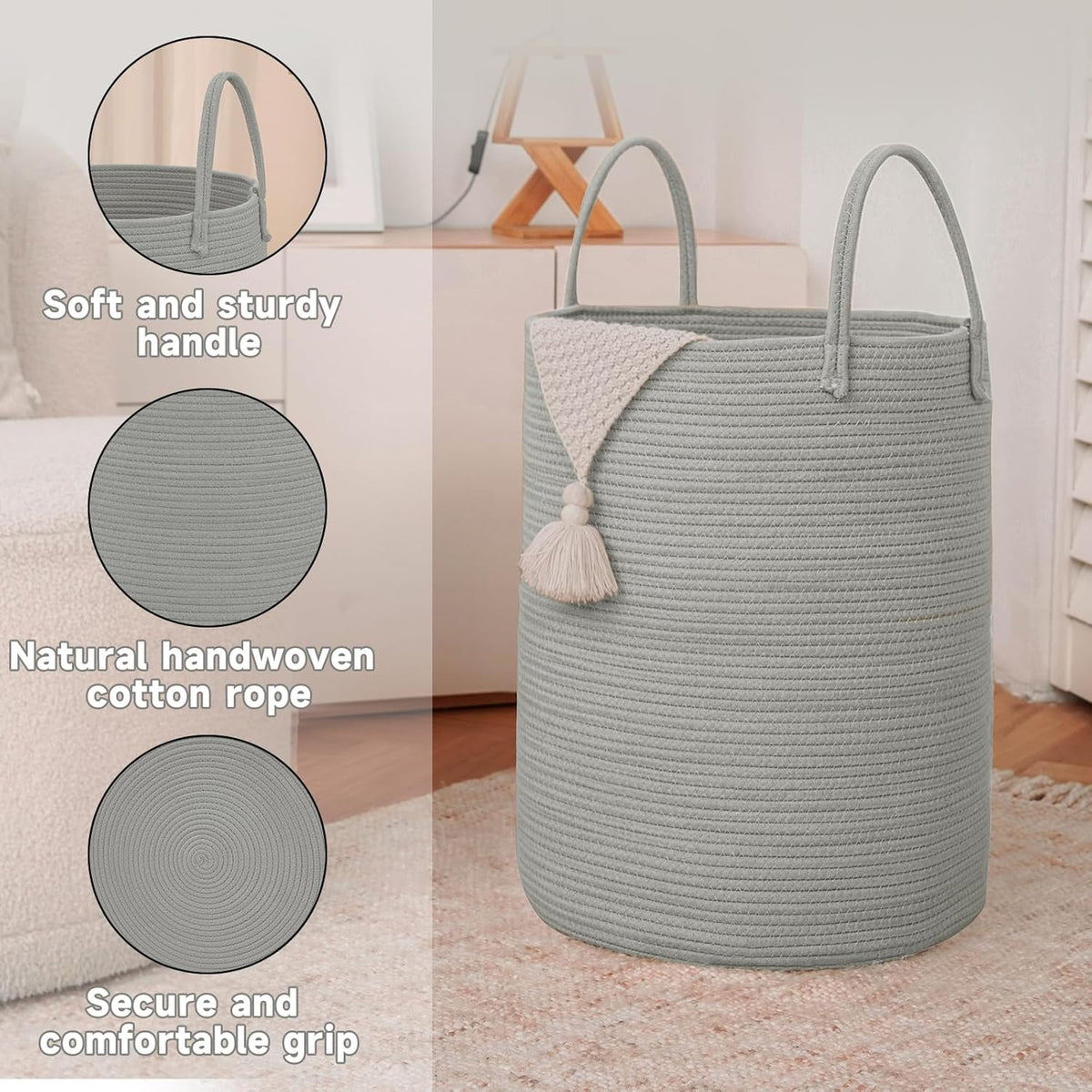 Large Woven Laundry Basket Hamper,100L Cotton Rope Storage Bin for Blankets,Toys and
