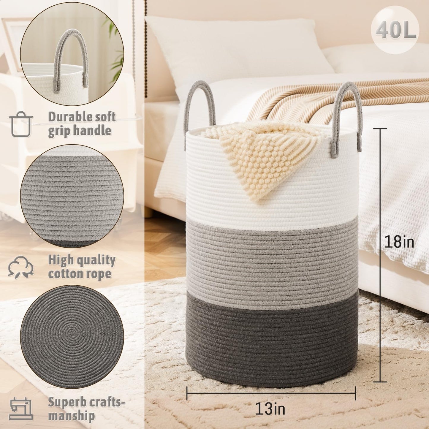 Laundry Basket,Woven Cotton Rope Laundry Hamper,40L for Decorative Storage of Dirty Clothes,Toys