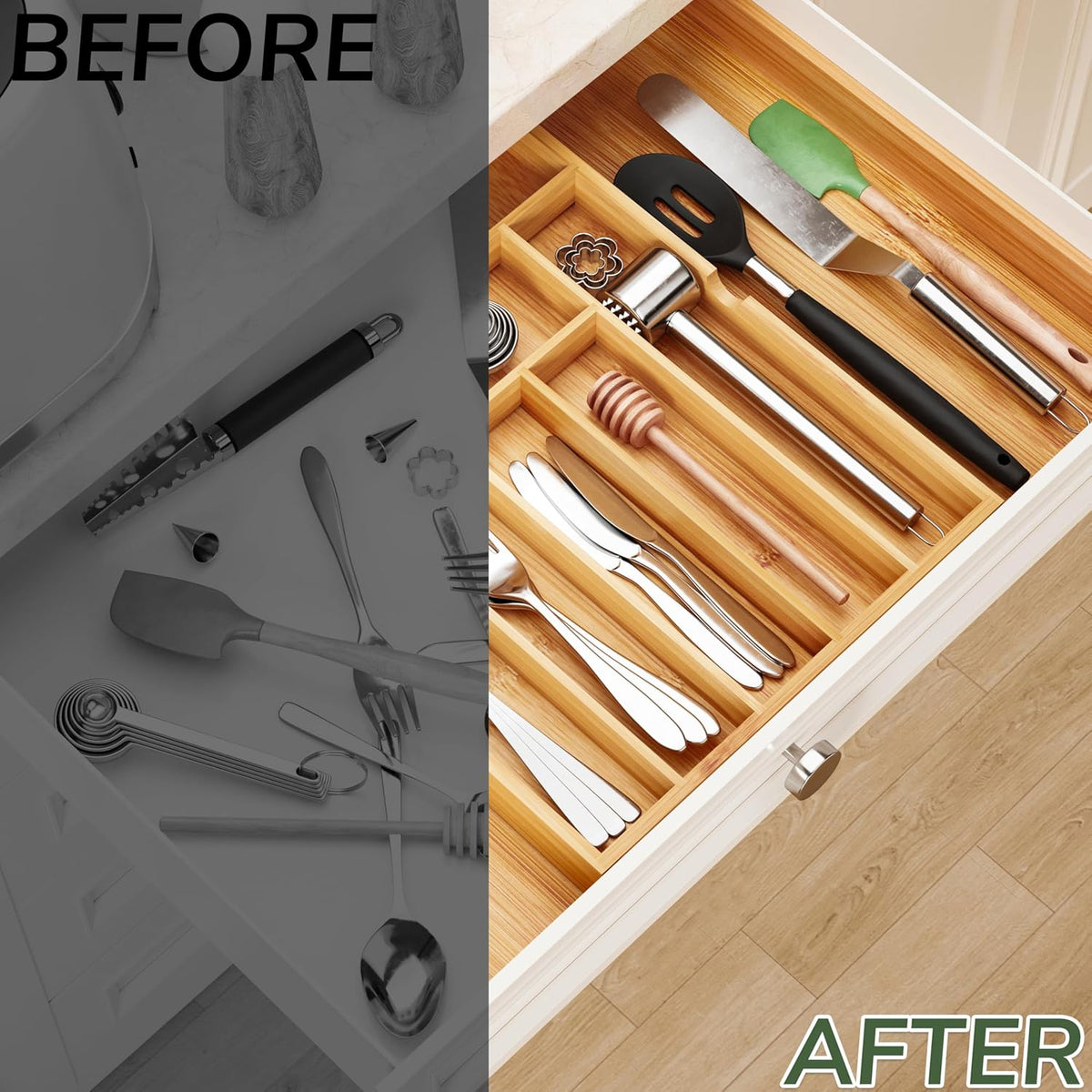 BAMEOS drawer organizer flatware organizer cutlery tray silverware organizer expandable adjustable