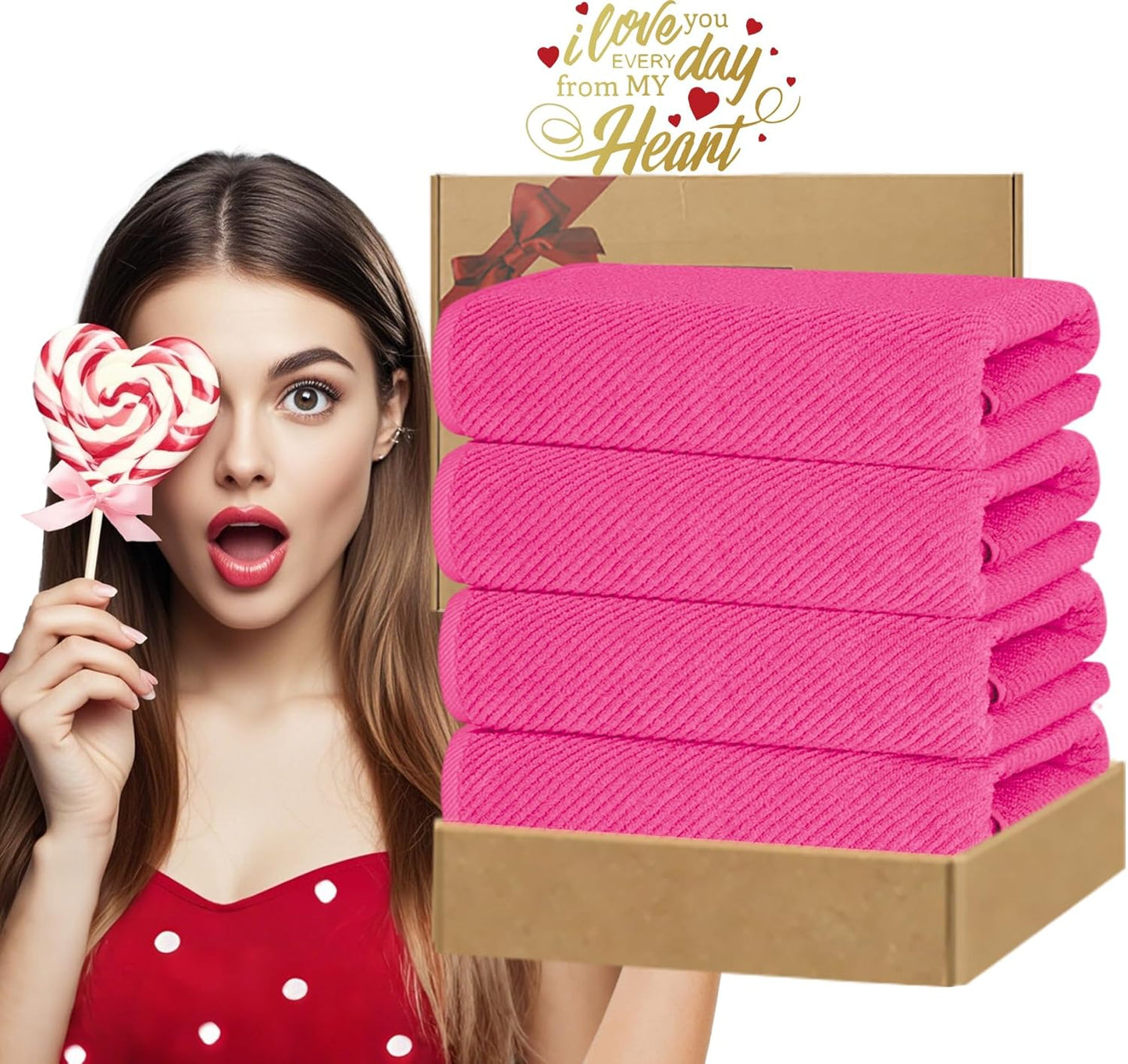 Hot Pink Bath Towels (4PC Large, 30"x56") - 100% Cotton | Quick Dry | Light Weight | Thick | Soft |
