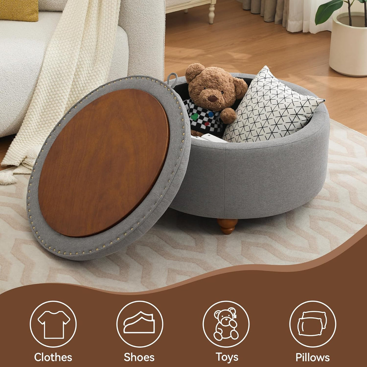 30Inch Round Storage Ottoman with Tray, Modern Tufted Fabric Circle Coffee Table with Storage