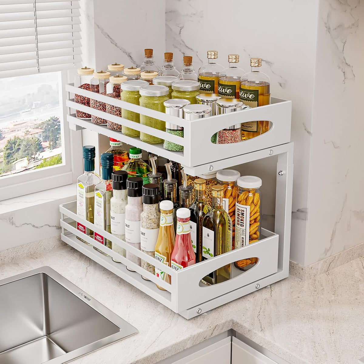 Under Sink Organizer, 2 Tier Under Sink Organizers and Storage, Adjustable Height, Slide Out Metal
