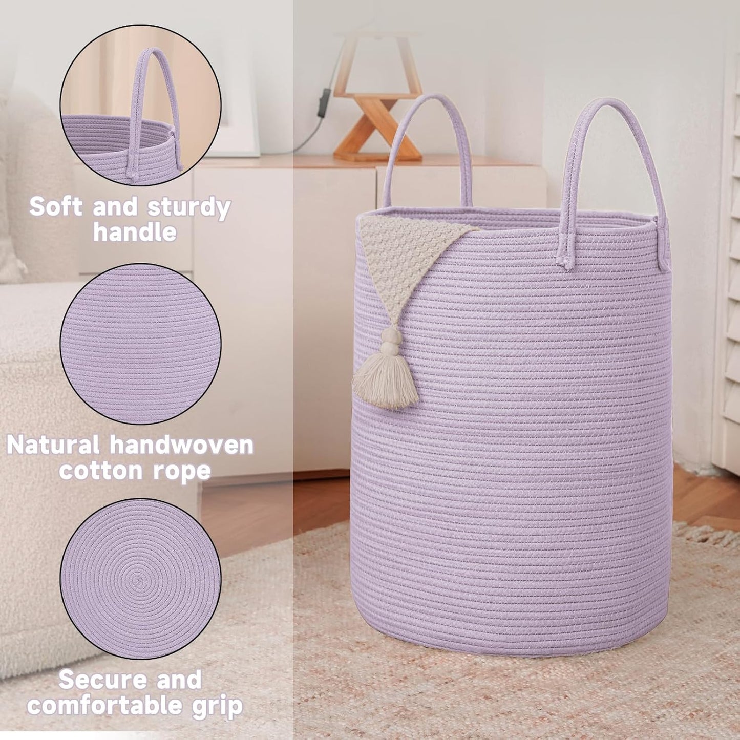 Large Woven Laundry Basket Hamper,80L Cotton Rope Storage Bin for Blankets,Toys and