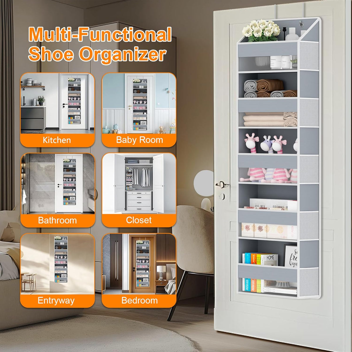 Over The Door Organizer - Over Door Storage Organizer with 5 Large Pockets & 10 Mesh Side