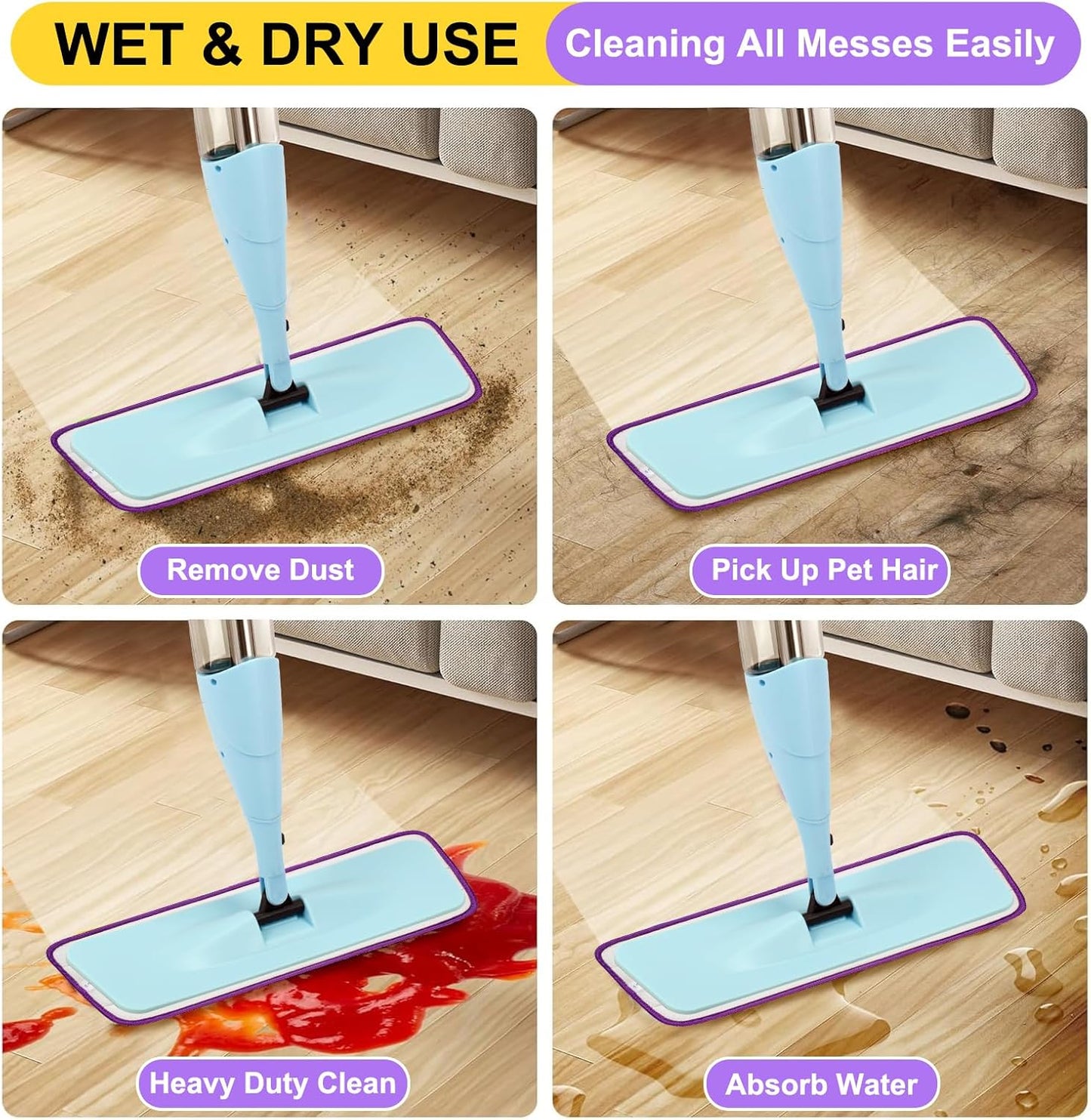 16.5 inch Reusable Mop Pads Microfiber Spray Mop Replacement Heads for Wet/Dry Mops Compatible with