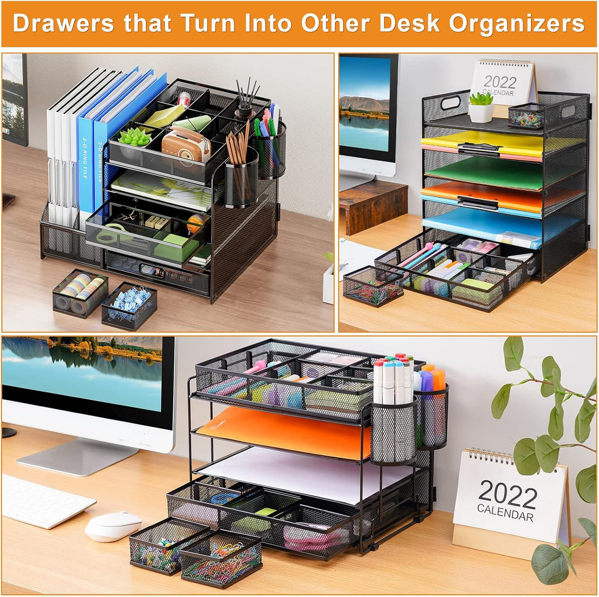 Marbrasse 3 Packs Desk Drawer Organizers, Metal Mesh Dividers Desk Drawer Organizer Tray with 9