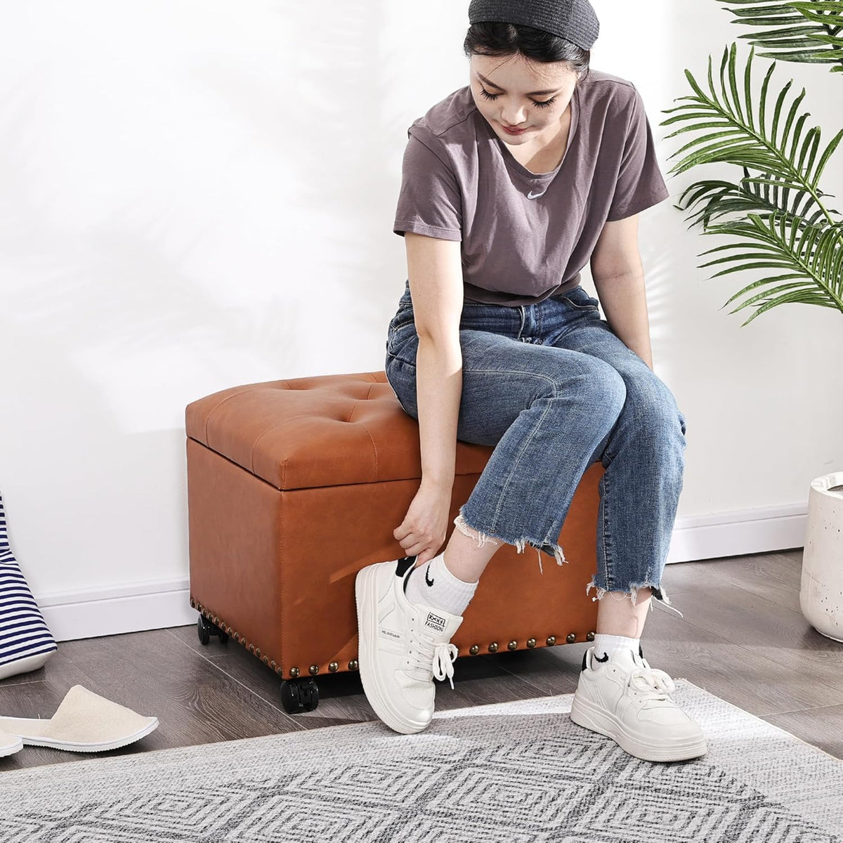 24" Square Ottomans with Storage, Leather Ottoman with Storage with Lockable Wheels and Hight