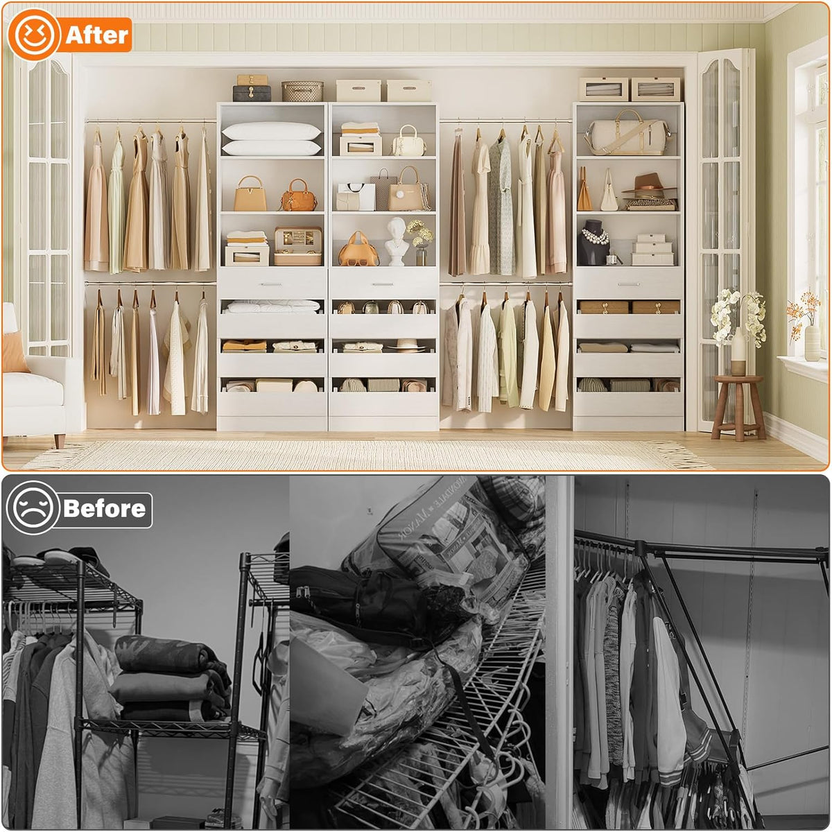 Aheaplus Closet System with 12 Drawers, 8.5-11.5Ft Wood Closet Organizer System with 4 Hanging Rods