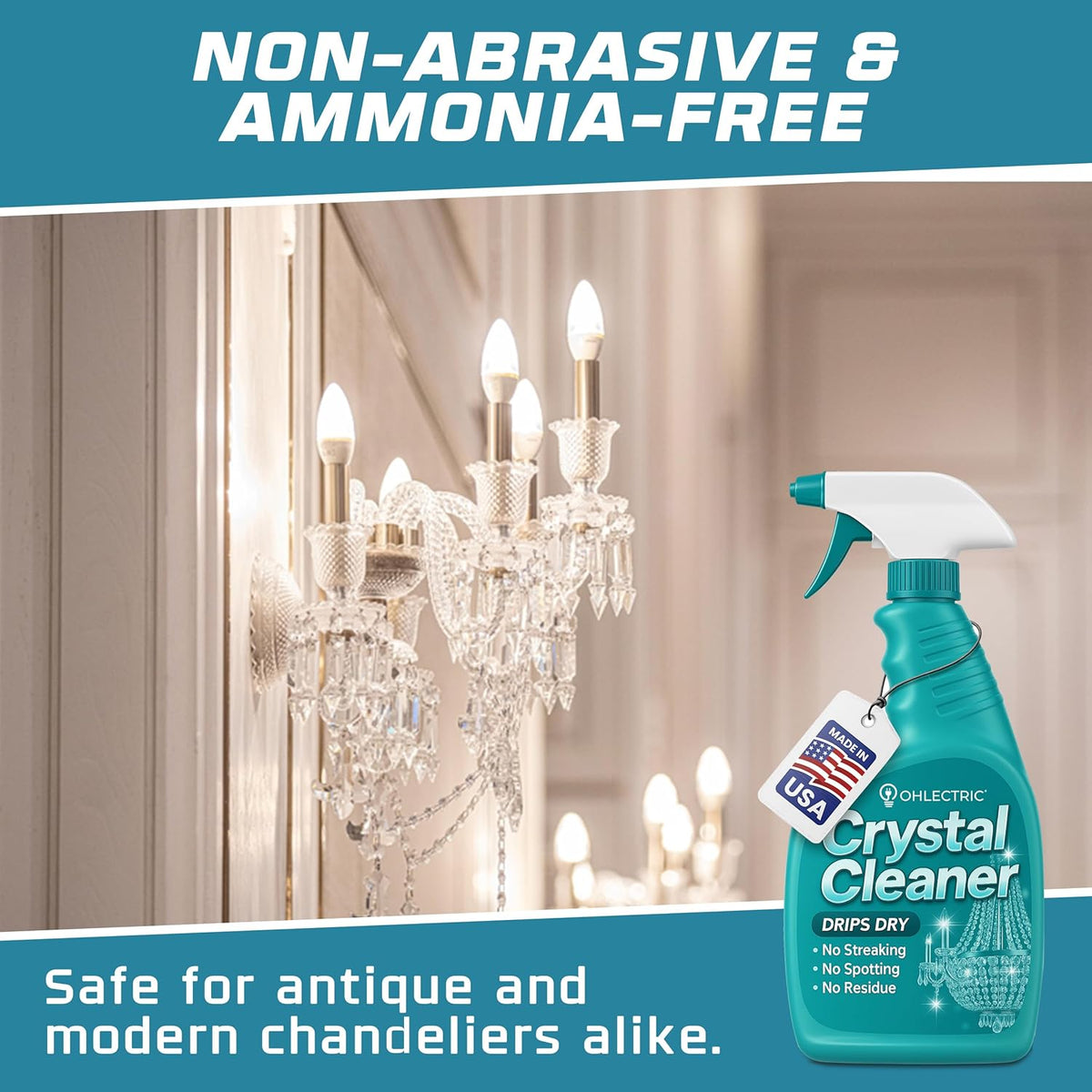 Crystal Chandelier Cleaner Spray Kit & Plastic Drop Cloth for Protection (32 oz) Drips Dry - No