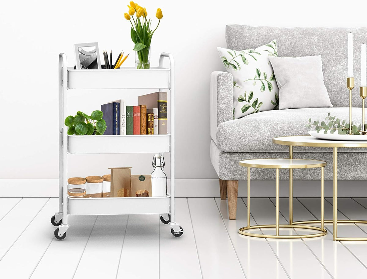 CAXXA 3-Tier Rolling Metal Storage Organizer - Mobile Utility Cart Kitchen Cart with Caster Wheels