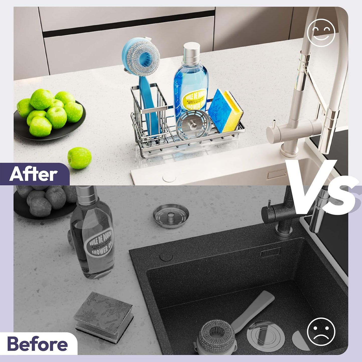 SWTYMIKI Kitchen Sink Caddy Sponge Holder, Kitchen Sink Organzier and Storage with High Brush
