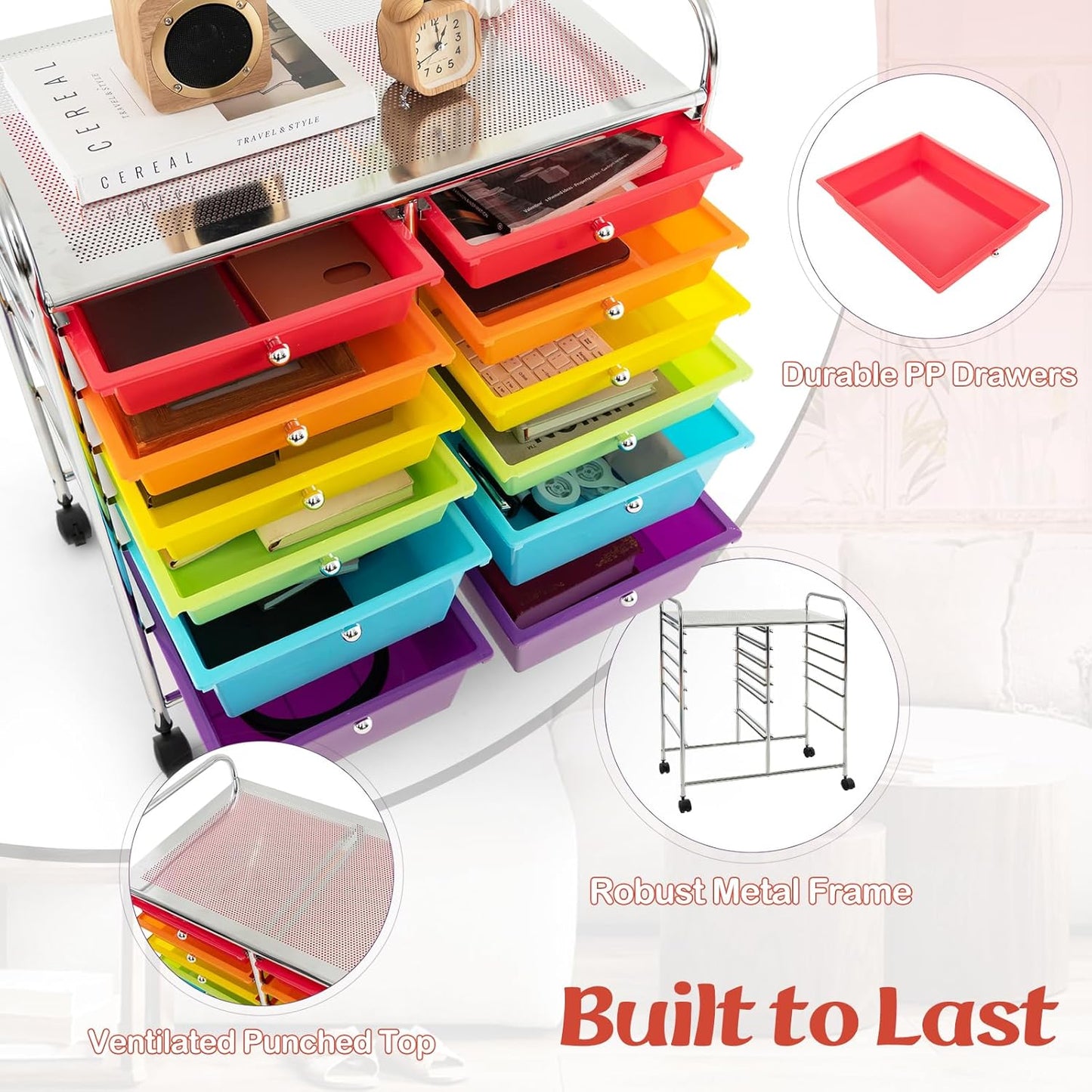 GOFLAME 12-Drawer Rolling Storage Cart, Multipurpose Organizer Cart with 2 Sizes Plastic Drawers