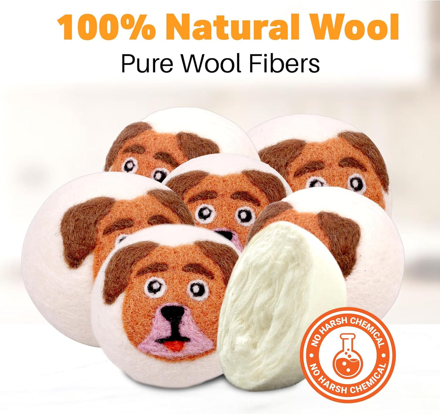 Wool Dryer Balls Organic Felt 6 Pack Laundry Fabric Softener, Extra Large Reusable Handmade Natural