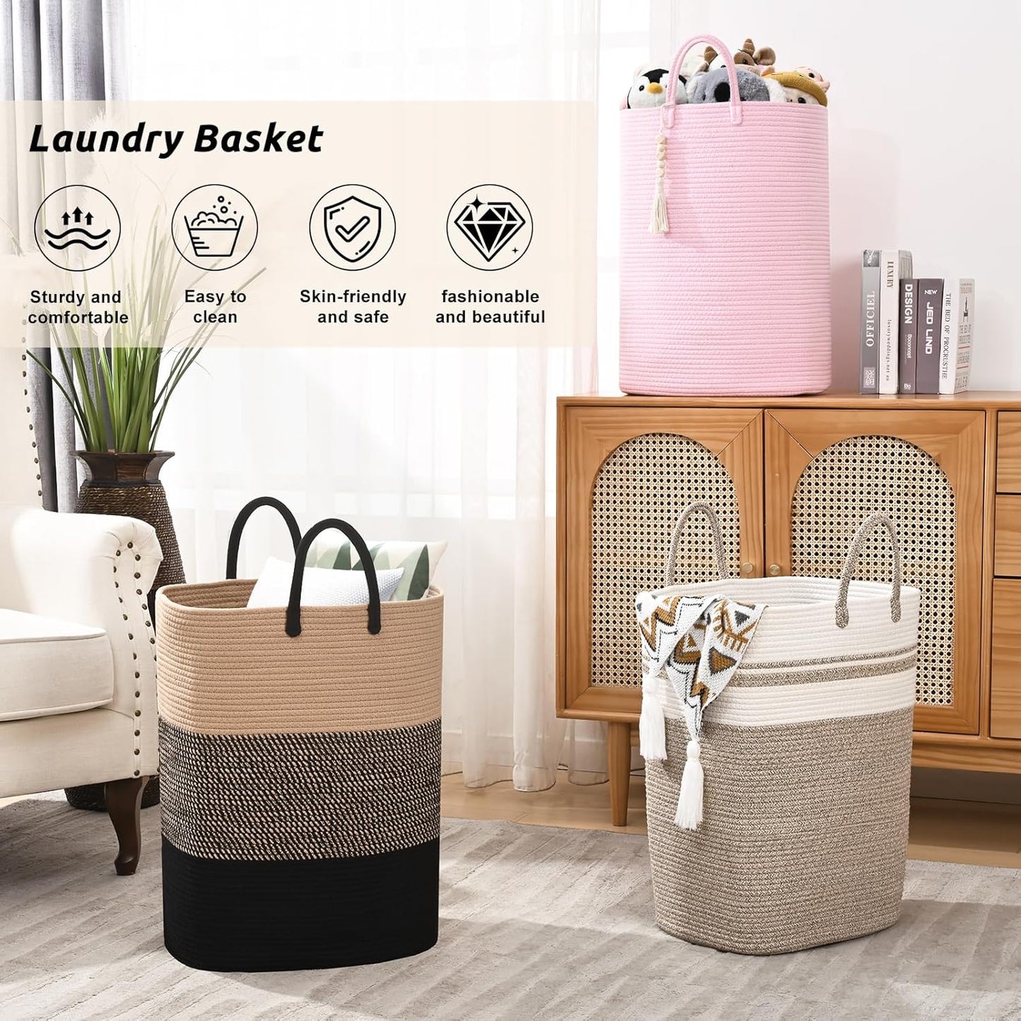 Woven Laundry Basket for Clothes, 65L Large Rectangle Laundry Hampers, Nursery Storage Basket for