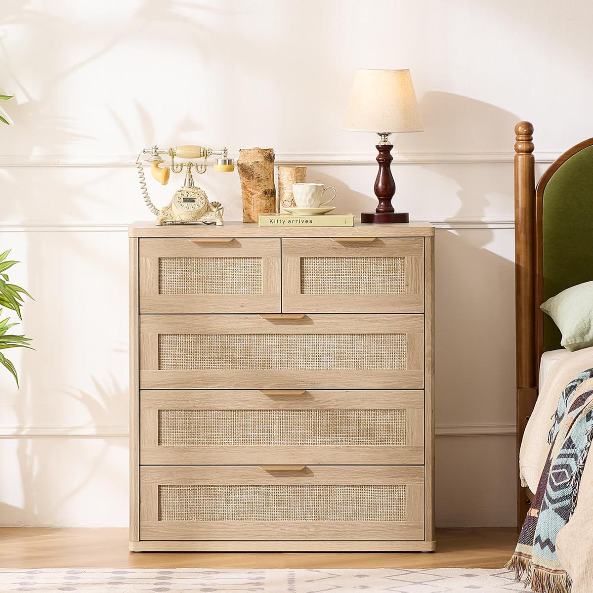 LEYAOYAO Rattan Dresser for Bedroom, 33.5" Tall Chest of Drawers, Modern 5 Drawers Boho Dressers