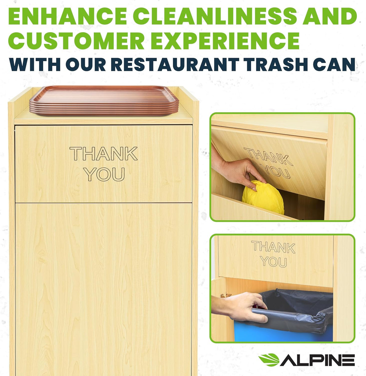 Alpine Restaurant Trash Can Cabinet with Tray Holder - Thank You Trash Can, Commercial 40 Gallon