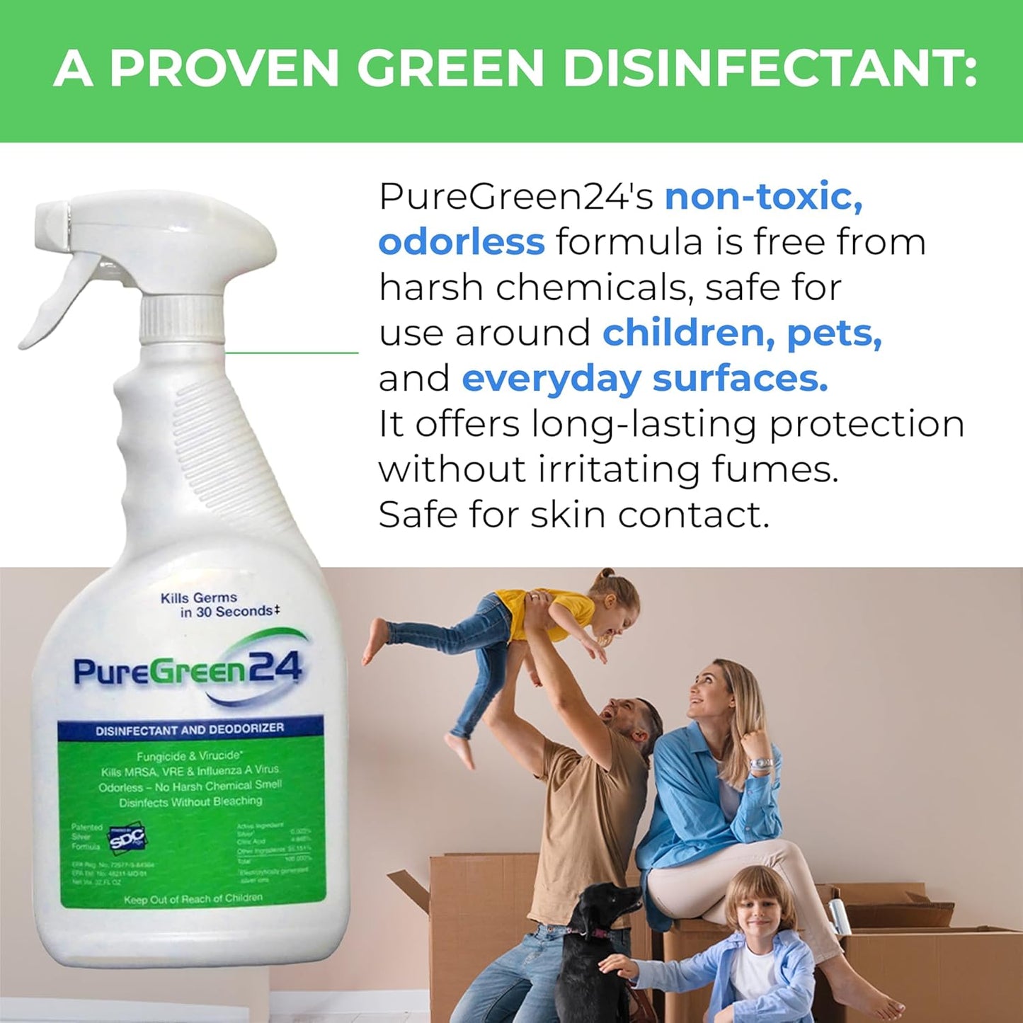 PureGreen24 Safe & Effective Disinfectant. Kills Deadly Germs including RSV COVID-19 Norovirus MRSA
