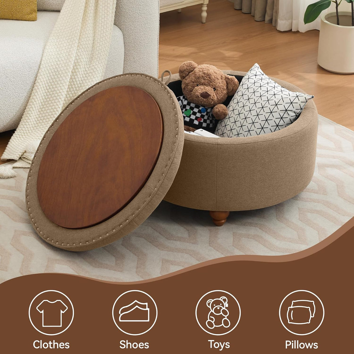 30Inch Round Storage Ottoman with Tray, Modern Tufted Fabric Circle Coffee Table with Storage