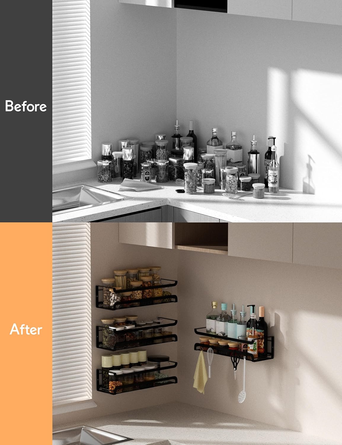Spice Rack Wall Mount with Hooks - Spice Racks Organizer for Cabinet Storage, Wall Mounted Hanging